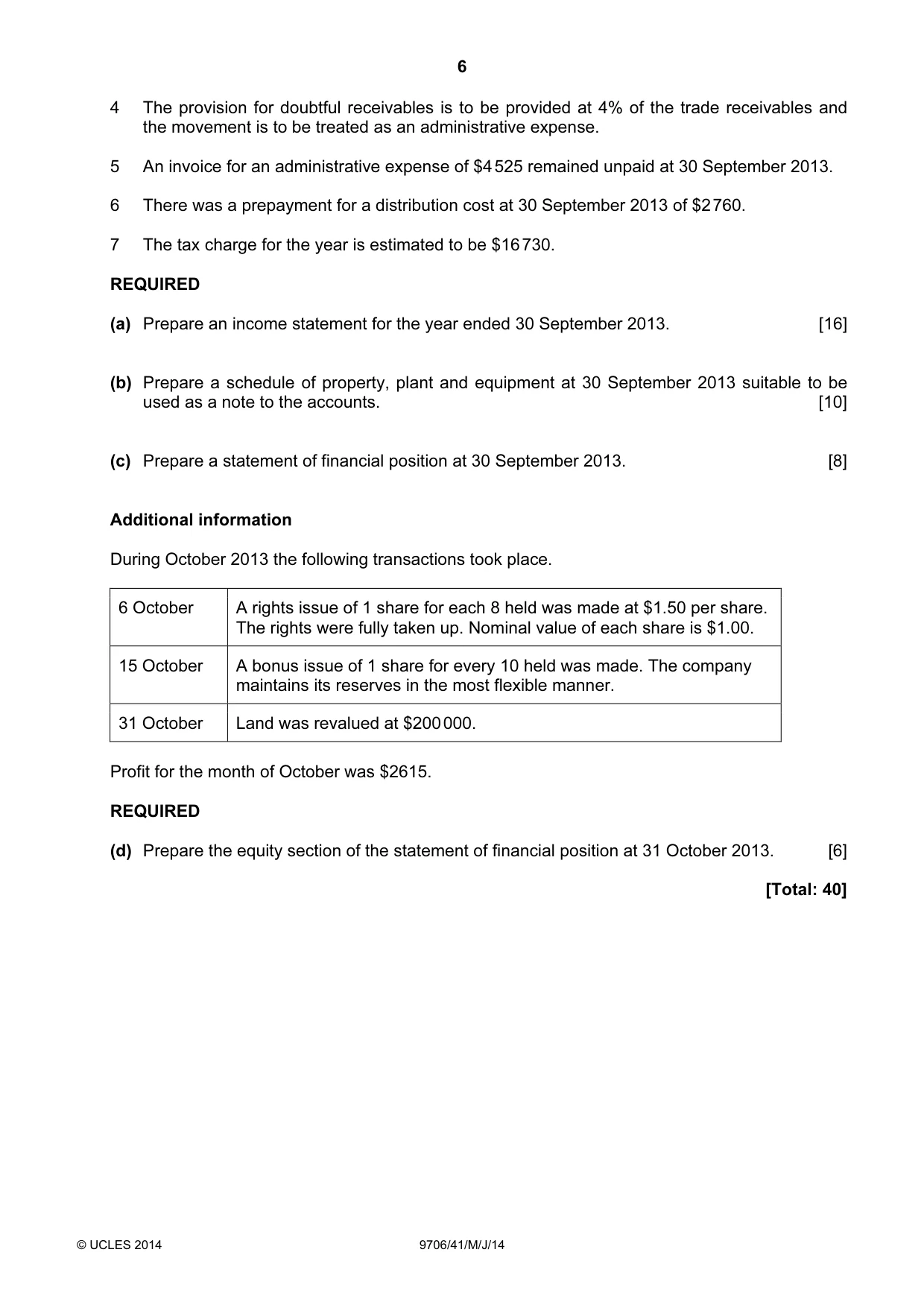 Cambridge A Level Accounting 9706 2014 May/June Paper 4 · Variant 1 question paper, page 6 of 8