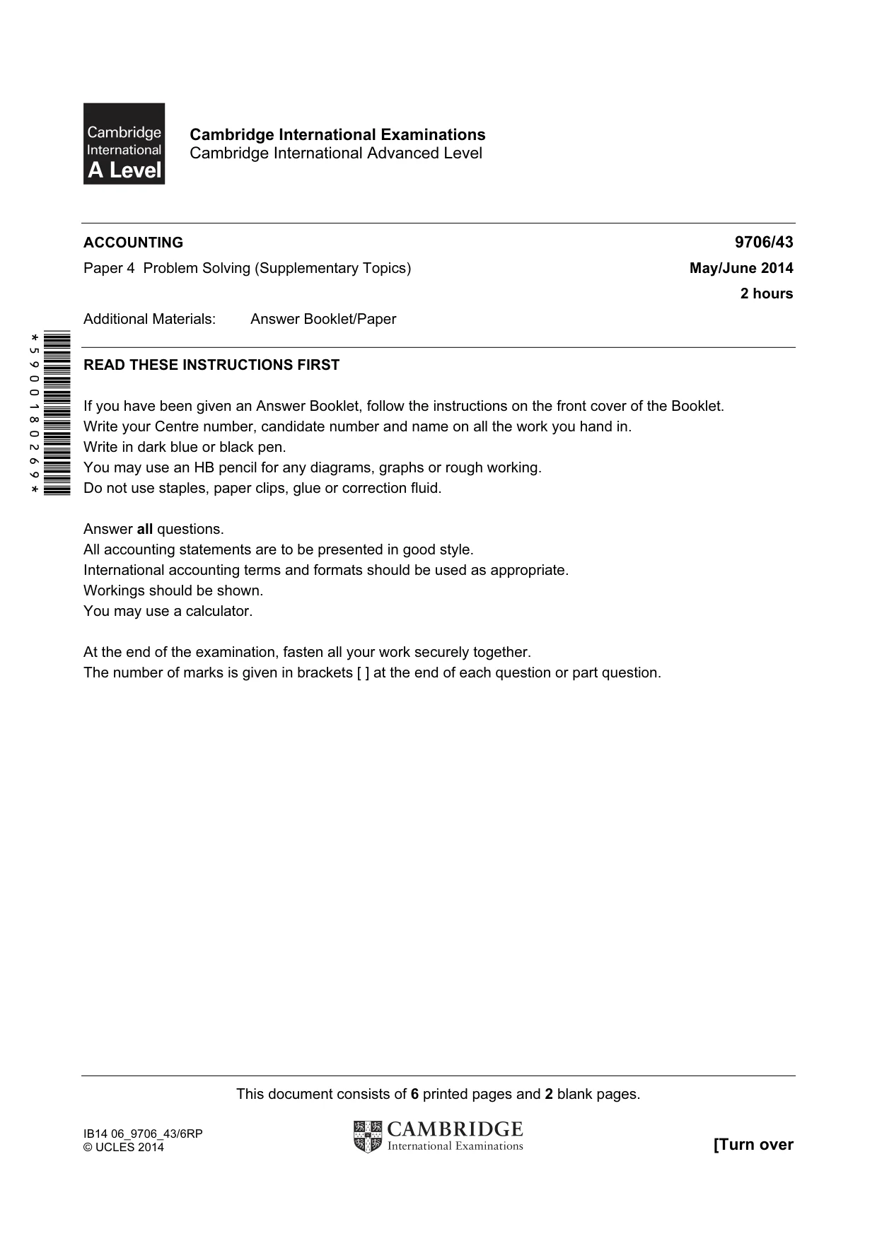 Cambridge A Level Accounting 9706 2014 May/June Paper 4 · Variant 3 question paper, page 1 of 8
