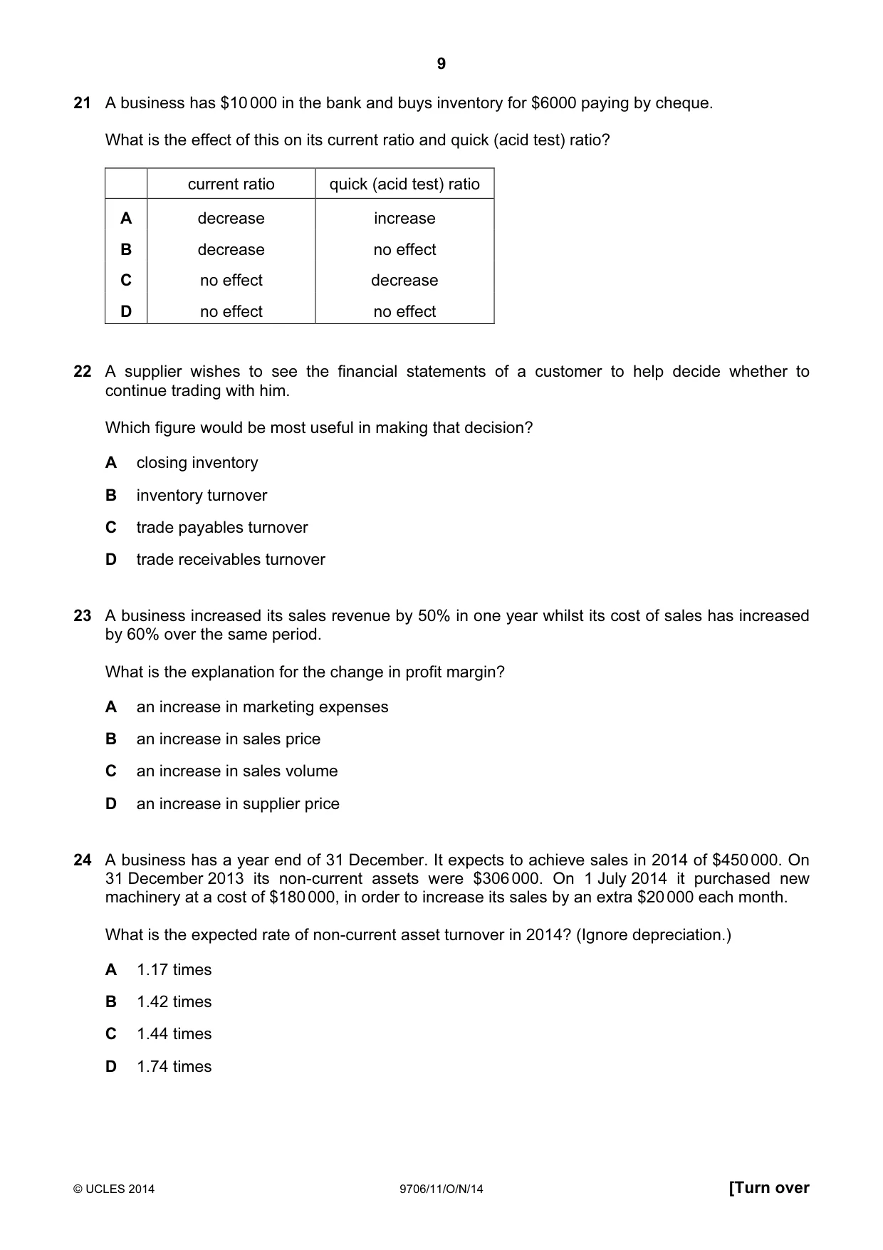 Cambridge A Level Accounting 9706 2014 Oct/Nov Paper 1 · Variant 1 question paper, page 9 of 12