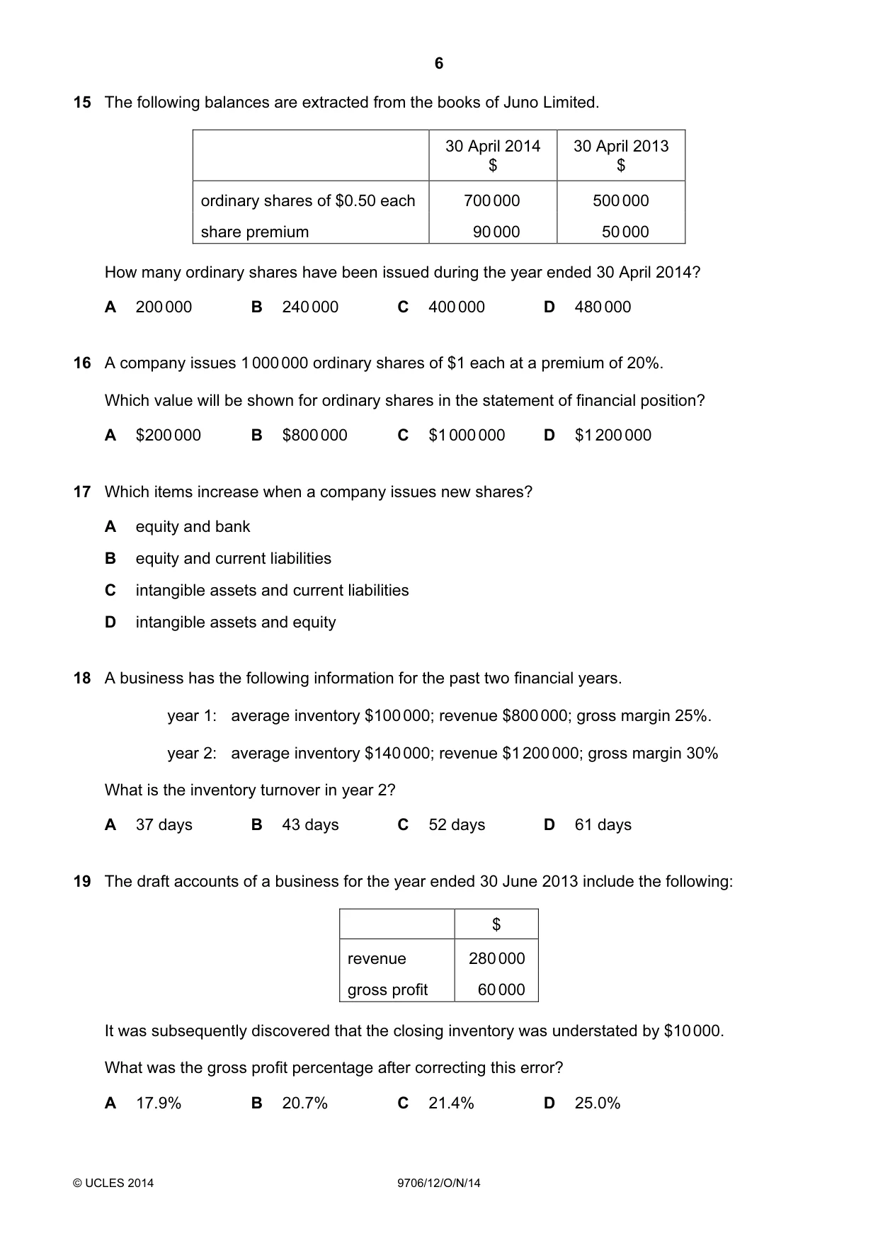Cambridge A Level Accounting 9706 2014 Oct/Nov Paper 1 · Variant 2 question paper, page 6 of 12