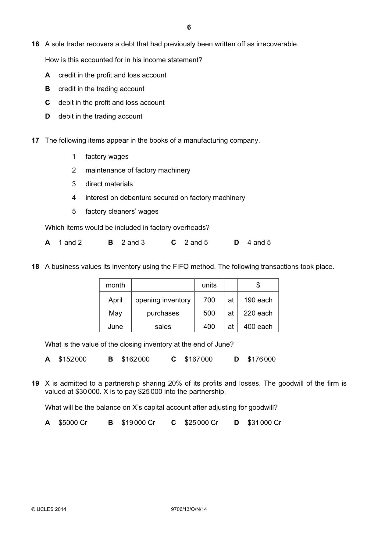 Cambridge A Level Accounting 9706 2014 Oct/Nov Paper 1 · Variant 3 question paper, page 6 of 12