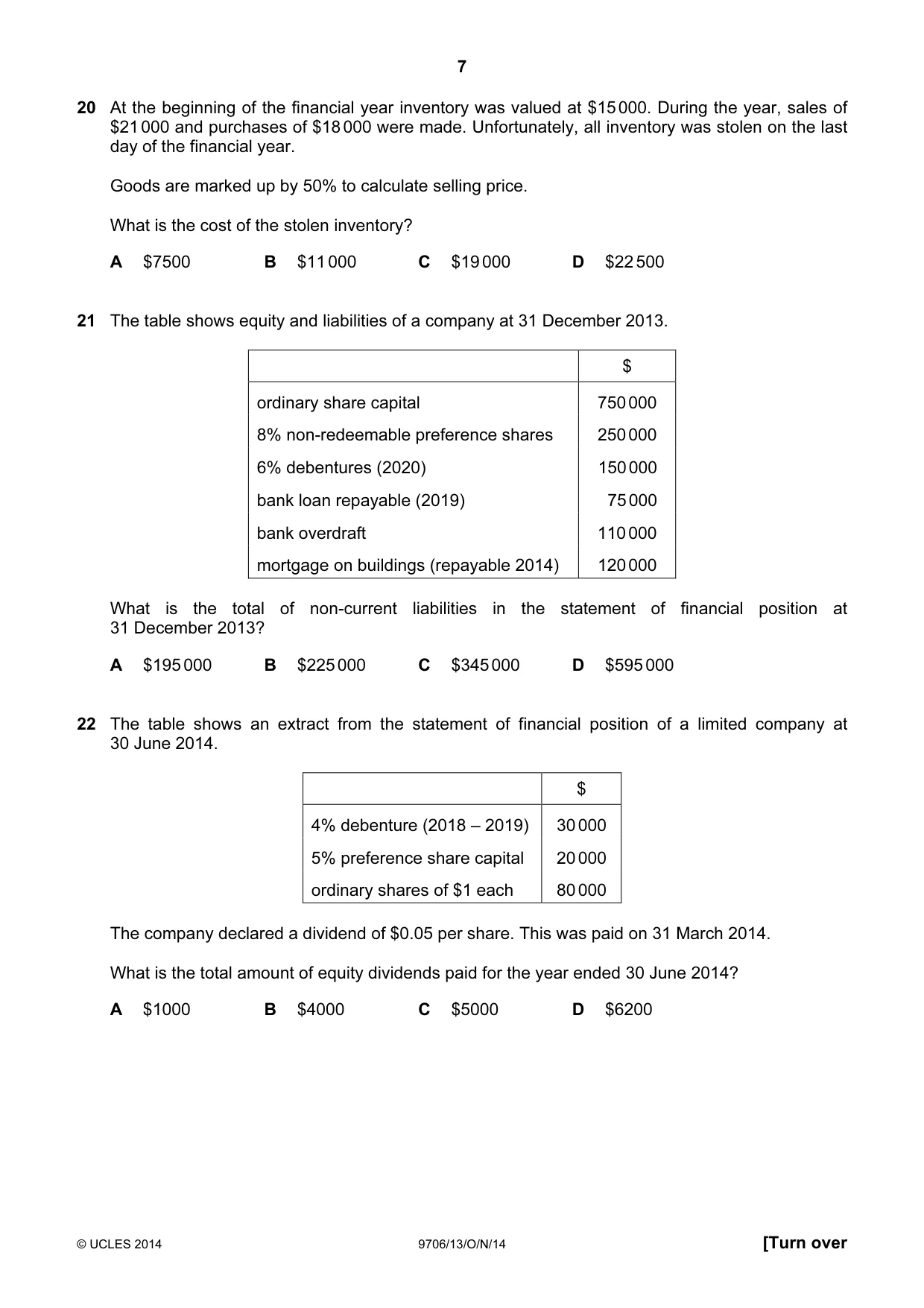 Cambridge A Level Accounting 9706 2014 Oct/Nov Paper 1 · Variant 3 question paper, page 7 of 12