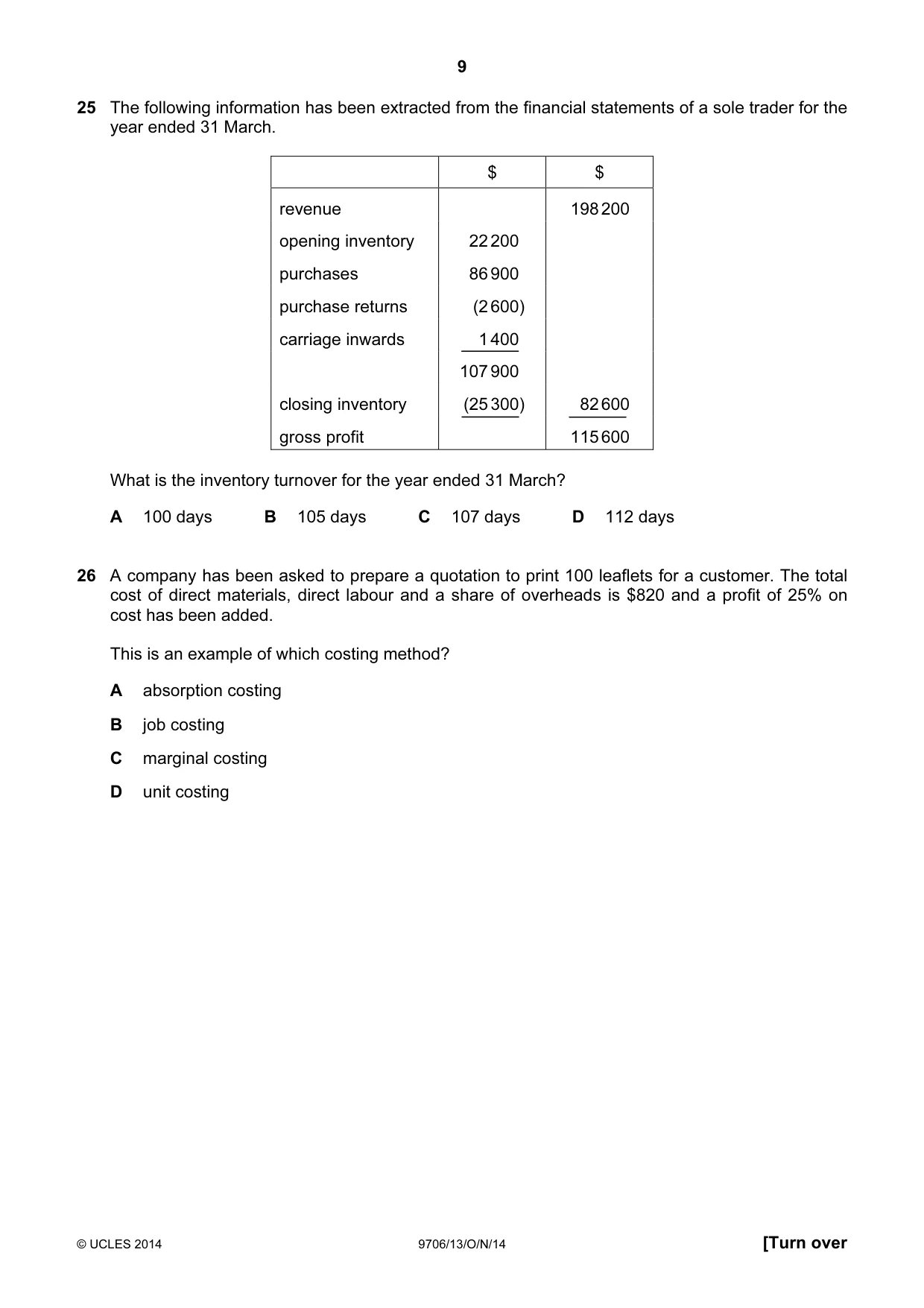 Cambridge A Level Accounting 9706 2014 Oct/Nov Paper 1 · Variant 3 question paper, page 9 of 12
