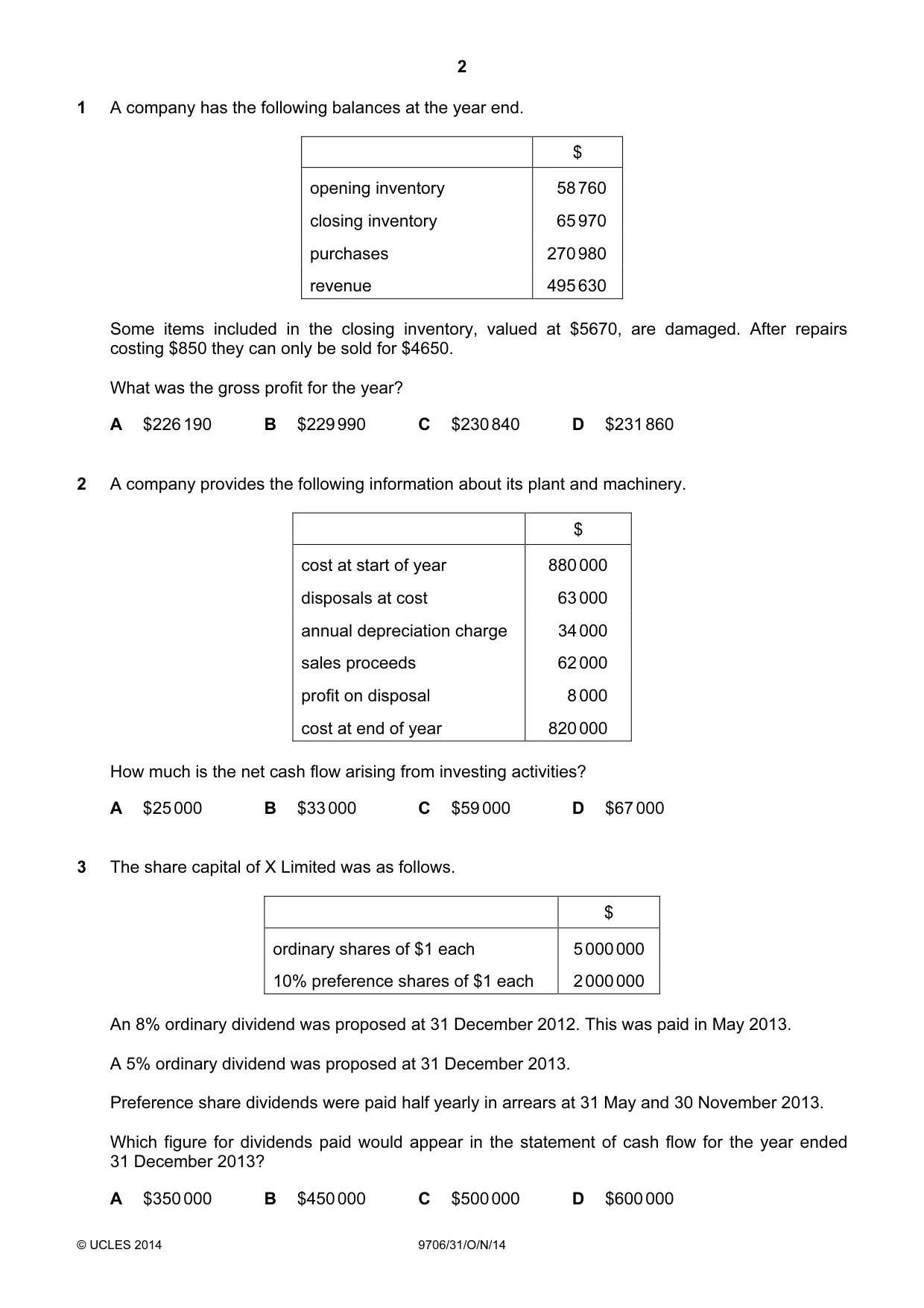 Cambridge A Level Accounting 9706 2014 Oct/Nov Paper 3 · Variant 1 question paper, page 2 of 12