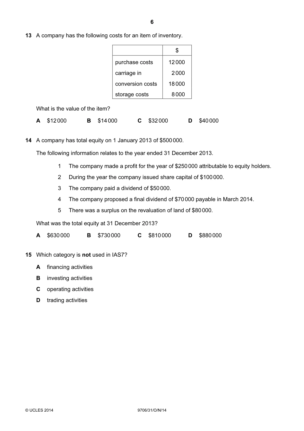Cambridge A Level Accounting 9706 2014 Oct/Nov Paper 3 · Variant 1 question paper, page 6 of 12