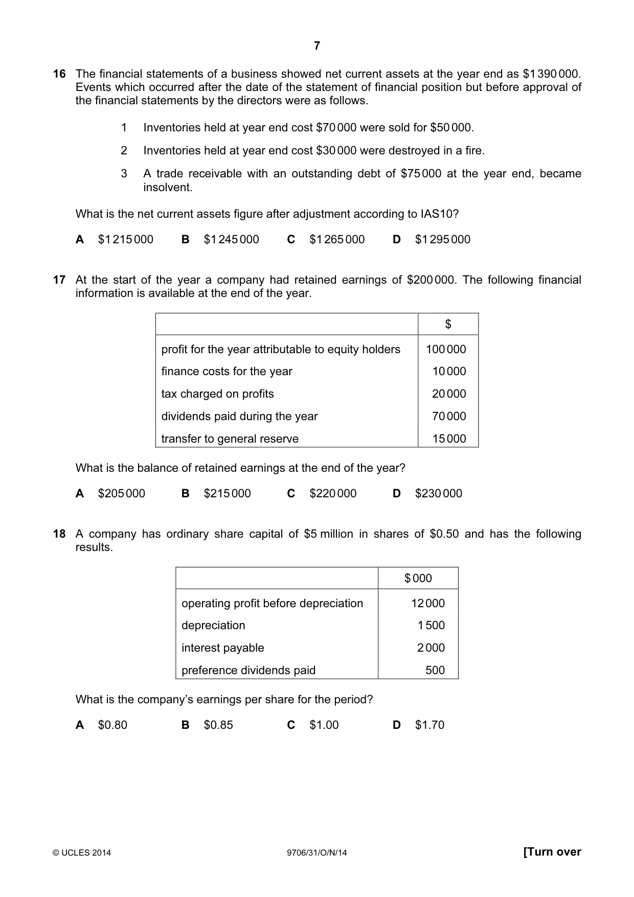 Cambridge A Level Accounting 9706 2014 Oct/Nov Paper 3 · Variant 1 question paper, page 7 of 12