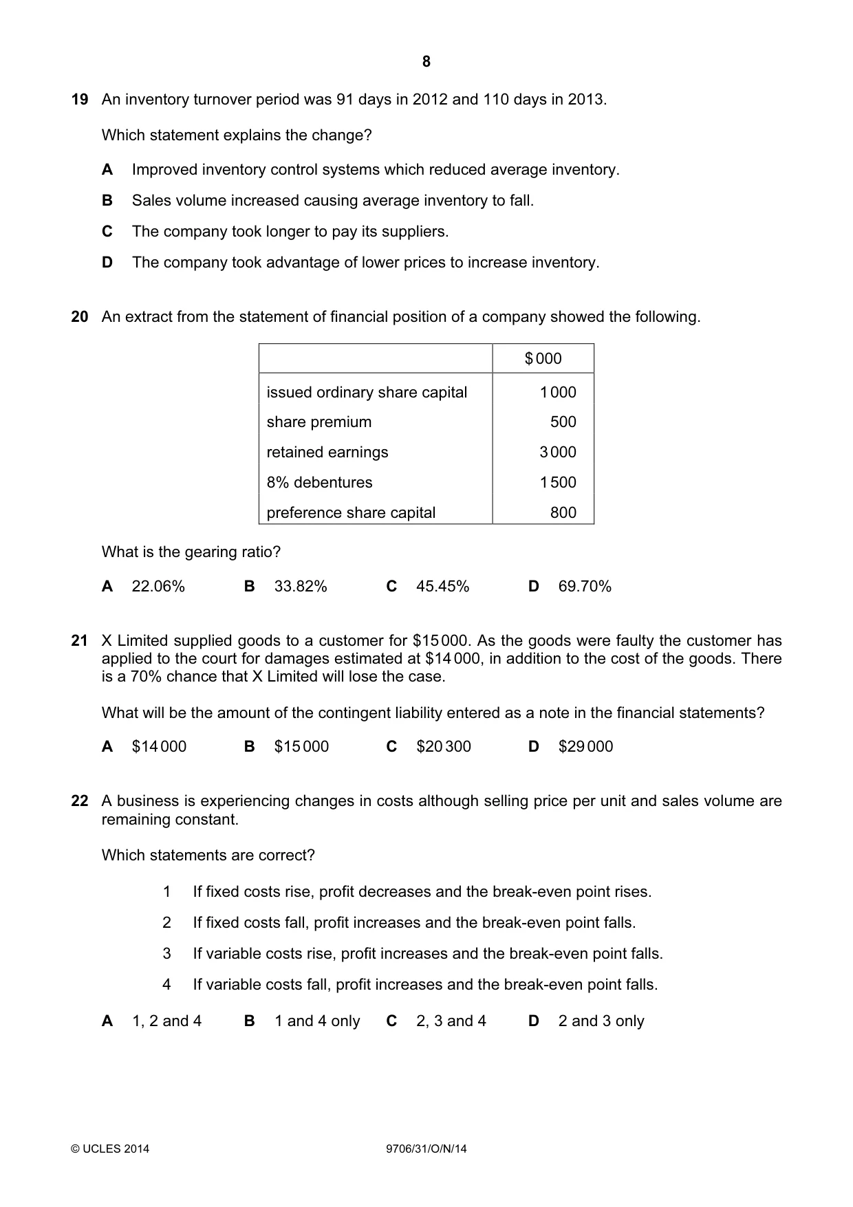 Cambridge A Level Accounting 9706 2014 Oct/Nov Paper 3 · Variant 1 question paper, page 8 of 12