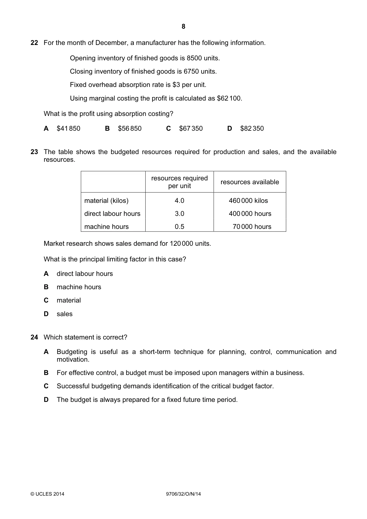 Cambridge A Level Accounting 9706 2014 Oct/Nov Paper 3 · Variant 2 question paper, page 8 of 12