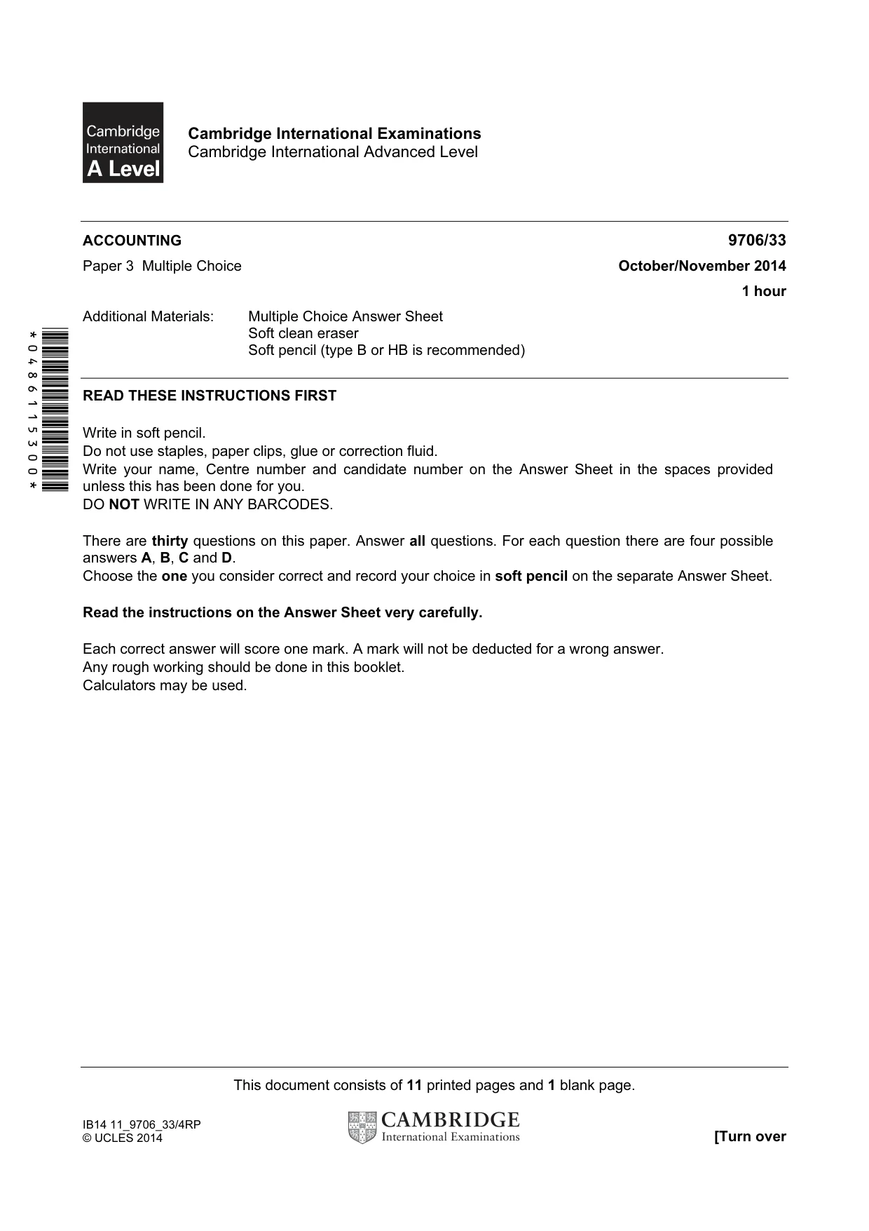 Cambridge A Level Accounting 9706 2014 Oct/Nov Paper 3 · Variant 3 question paper, page 1 of 12