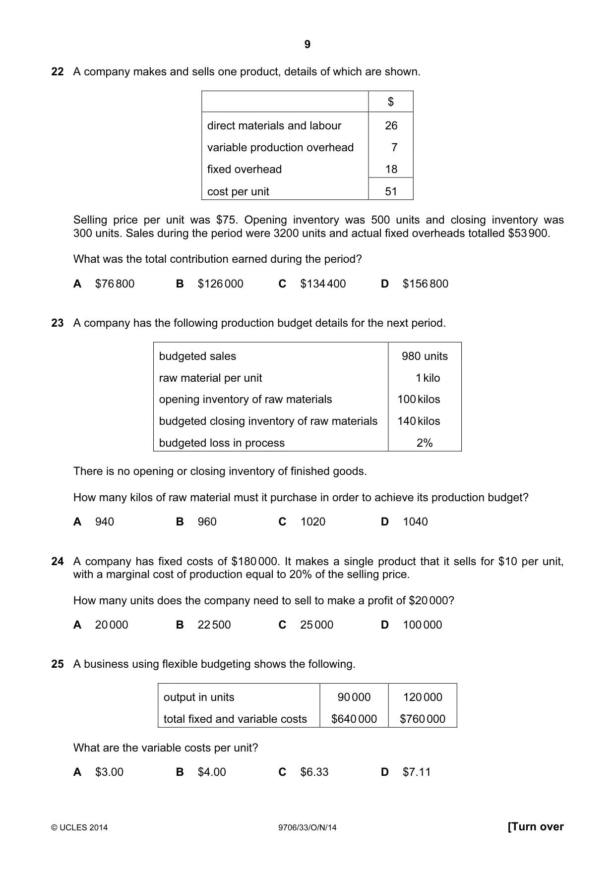 Cambridge A Level Accounting 9706 2014 Oct/Nov Paper 3 · Variant 3 question paper, page 9 of 12
