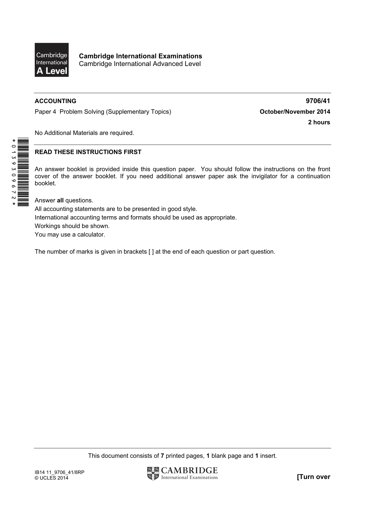 Cambridge A Level Accounting 9706 2014 Oct/Nov Paper 4 · Variant 1 question paper, page 1 of 8