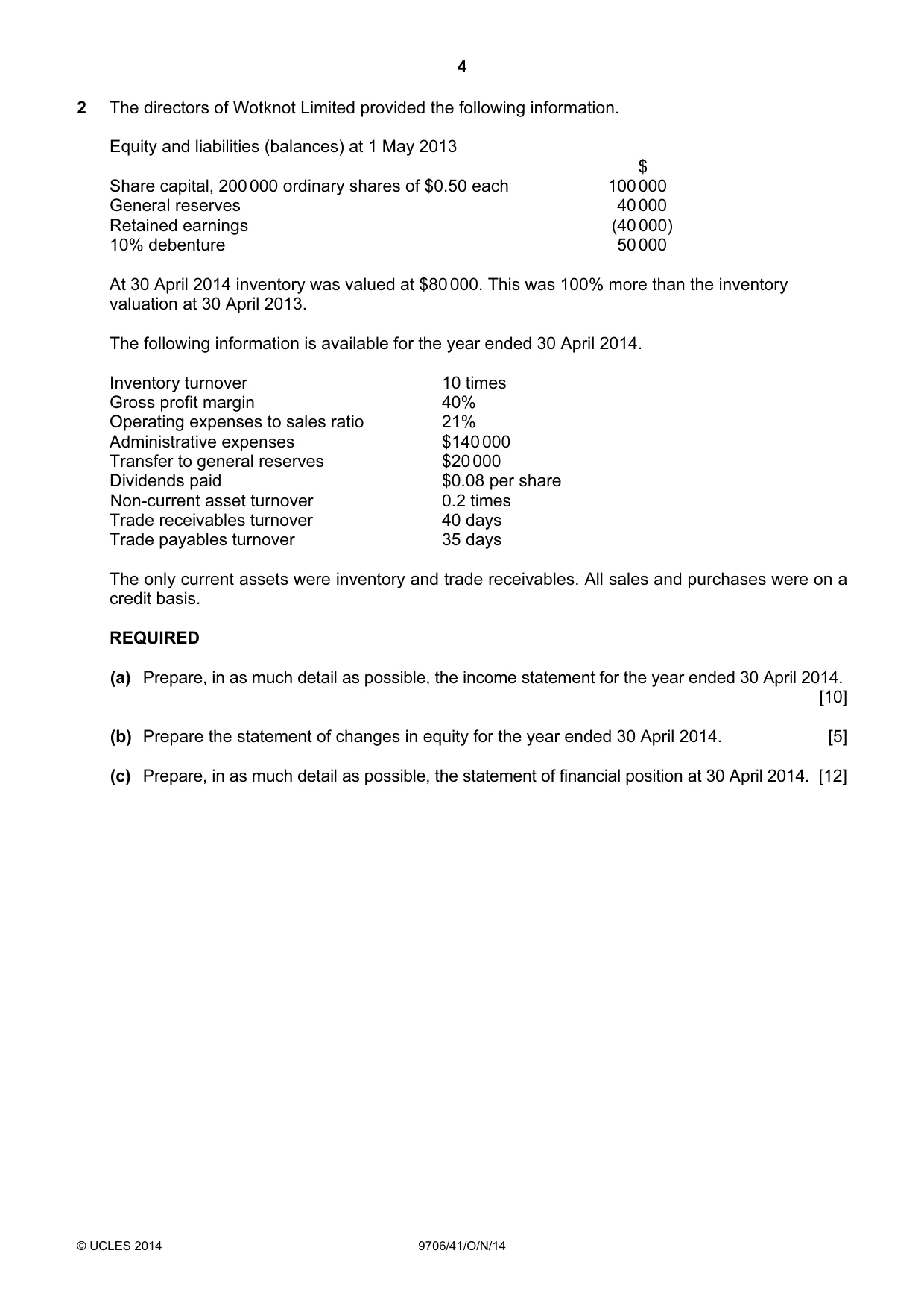 Cambridge A Level Accounting 9706 2014 Oct/Nov Paper 4 · Variant 1 question paper, page 4 of 8
