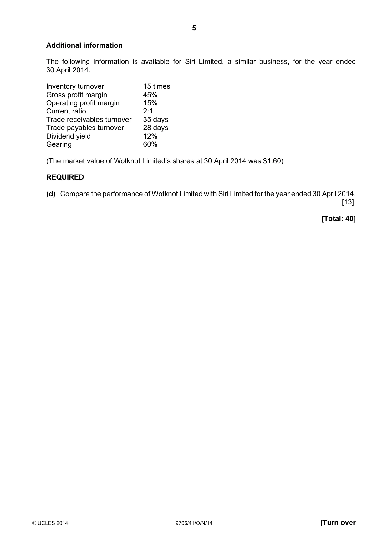 Cambridge A Level Accounting 9706 2014 Oct/Nov Paper 4 · Variant 1 question paper, page 5 of 8