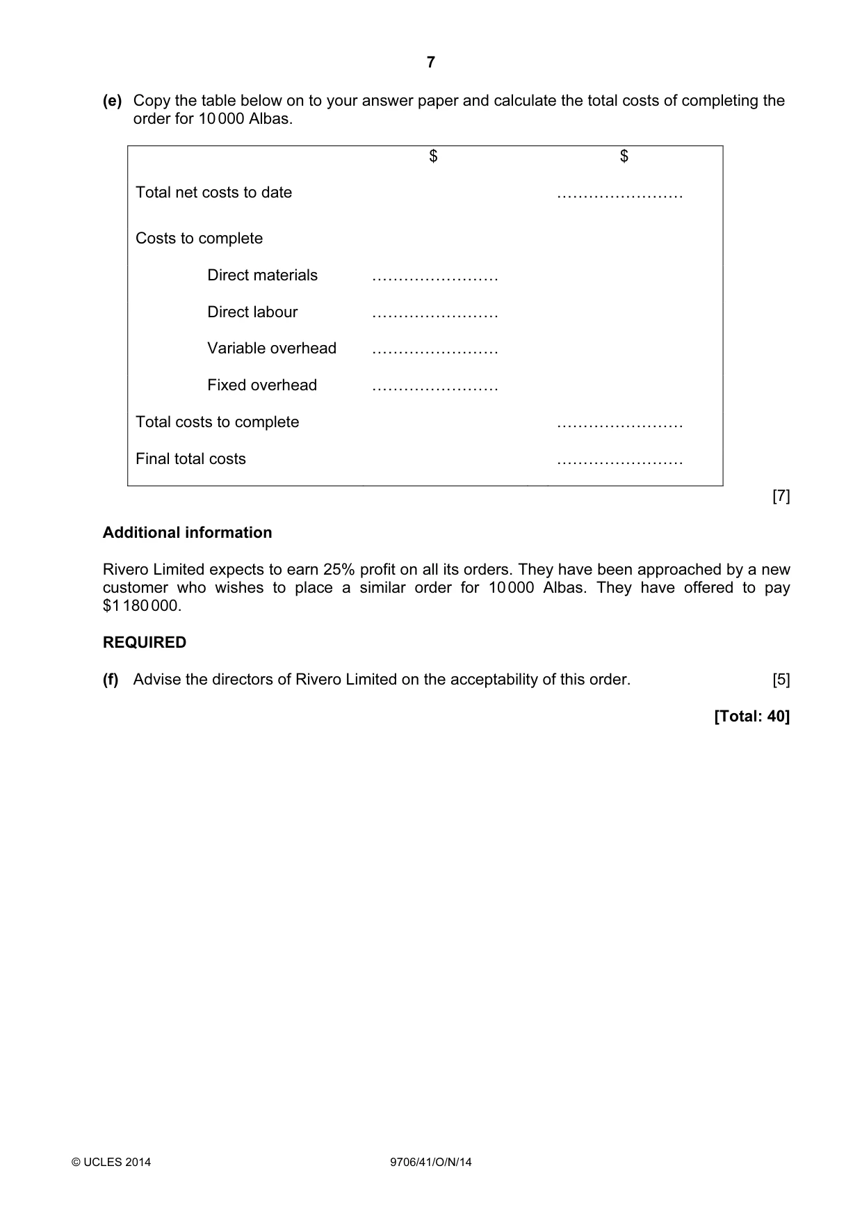 Cambridge A Level Accounting 9706 2014 Oct/Nov Paper 4 · Variant 1 question paper, page 7 of 8