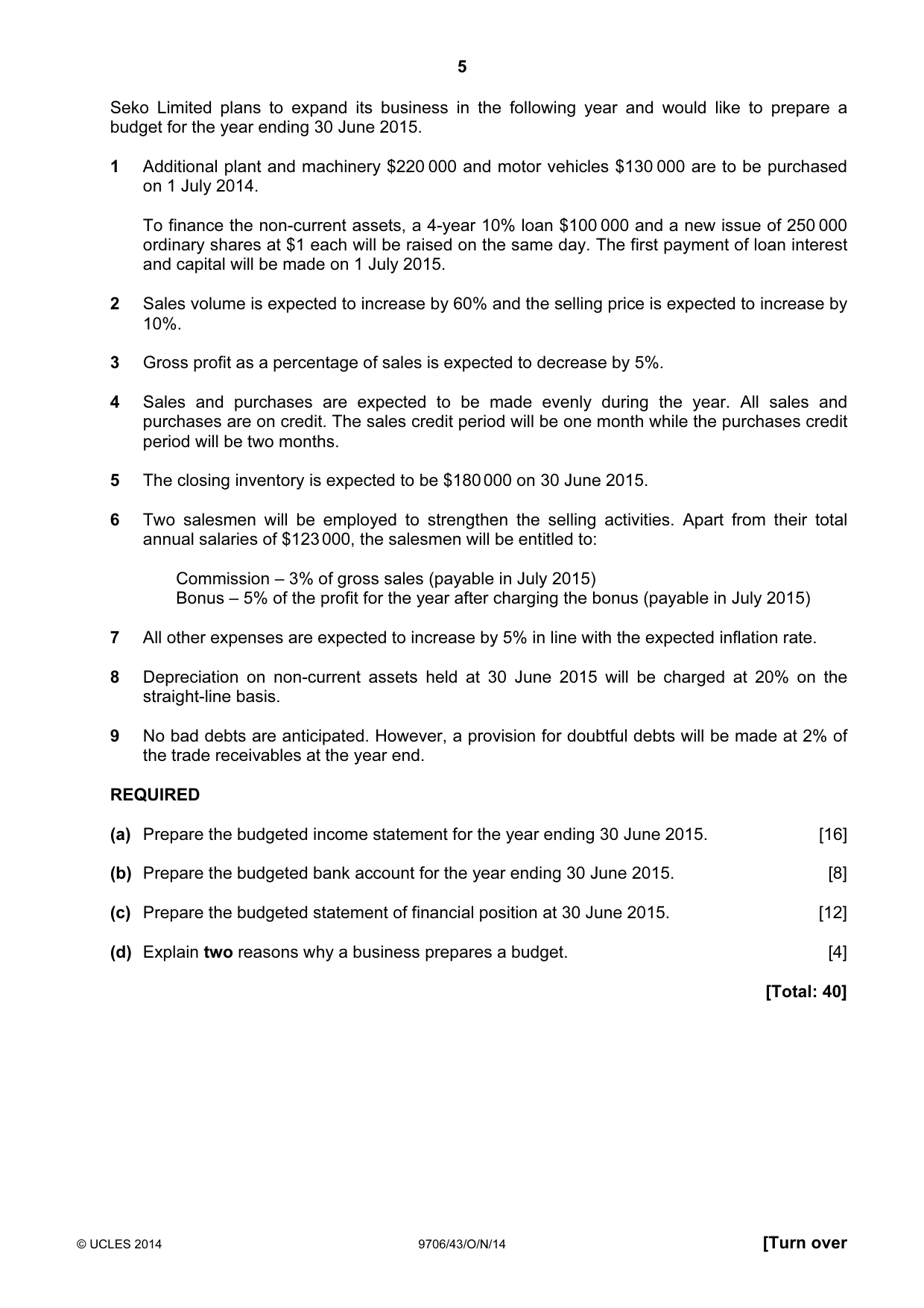 Cambridge A Level Accounting 9706 2014 Oct/Nov Paper 4 · Variant 3 question paper, page 5 of 8
