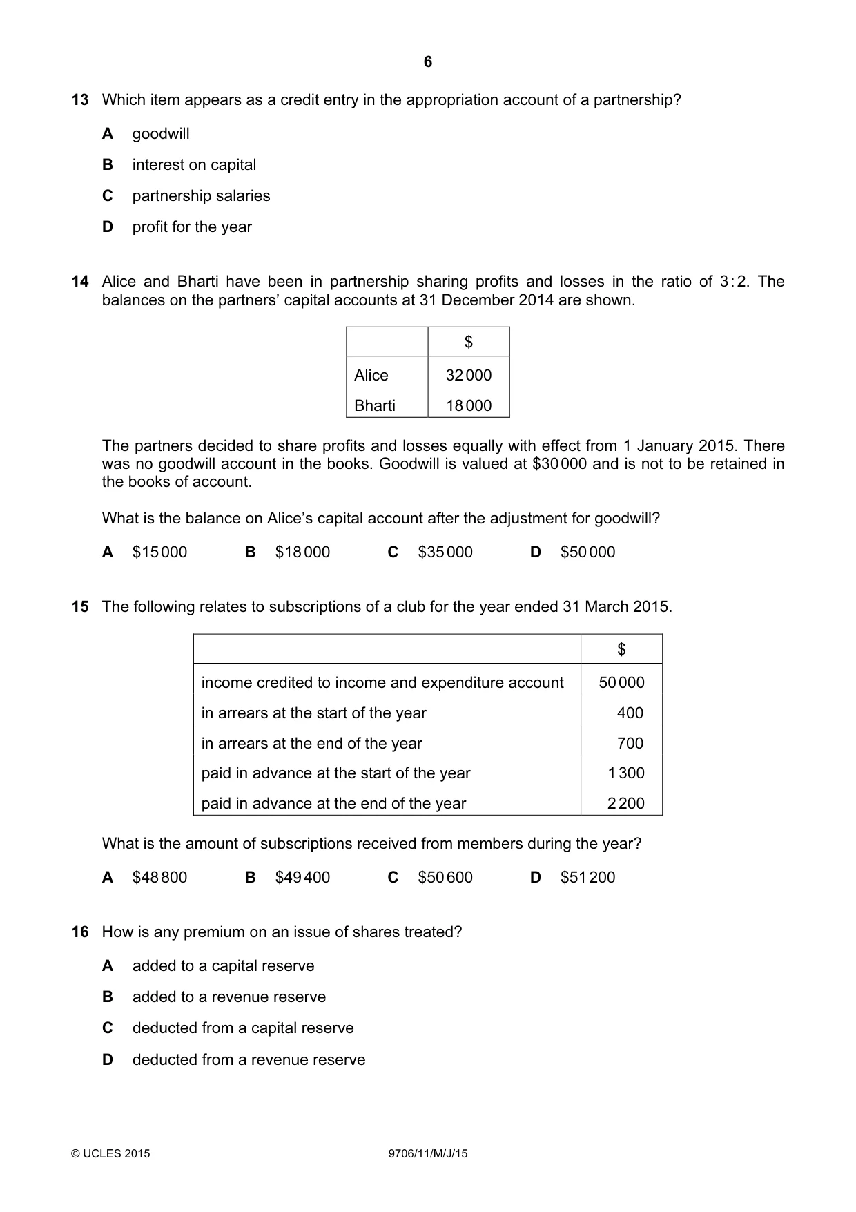 Cambridge A Level Accounting 9706 2015 May/June Paper 1 · Variant 1 question paper, page 6 of 12