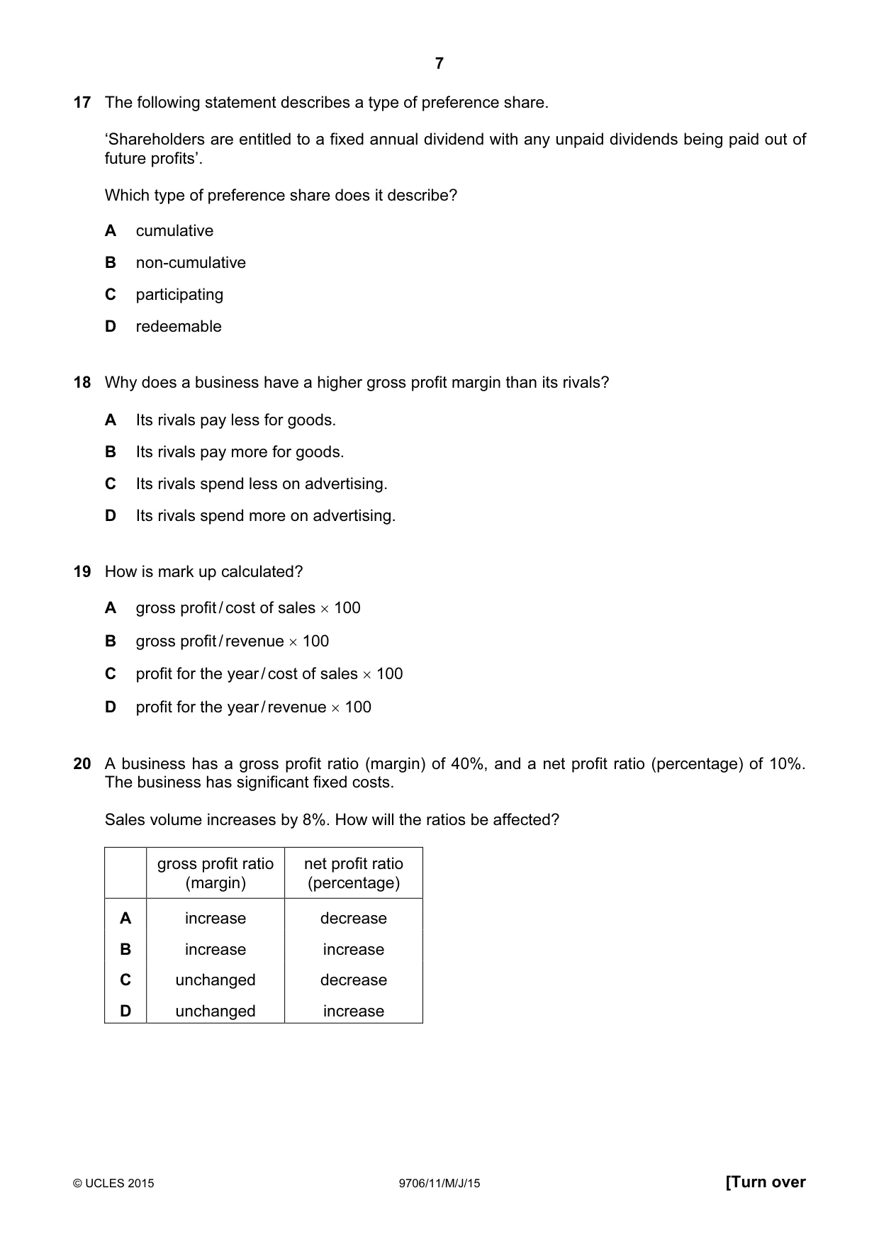 Cambridge A Level Accounting 9706 2015 May/June Paper 1 · Variant 1 question paper, page 7 of 12