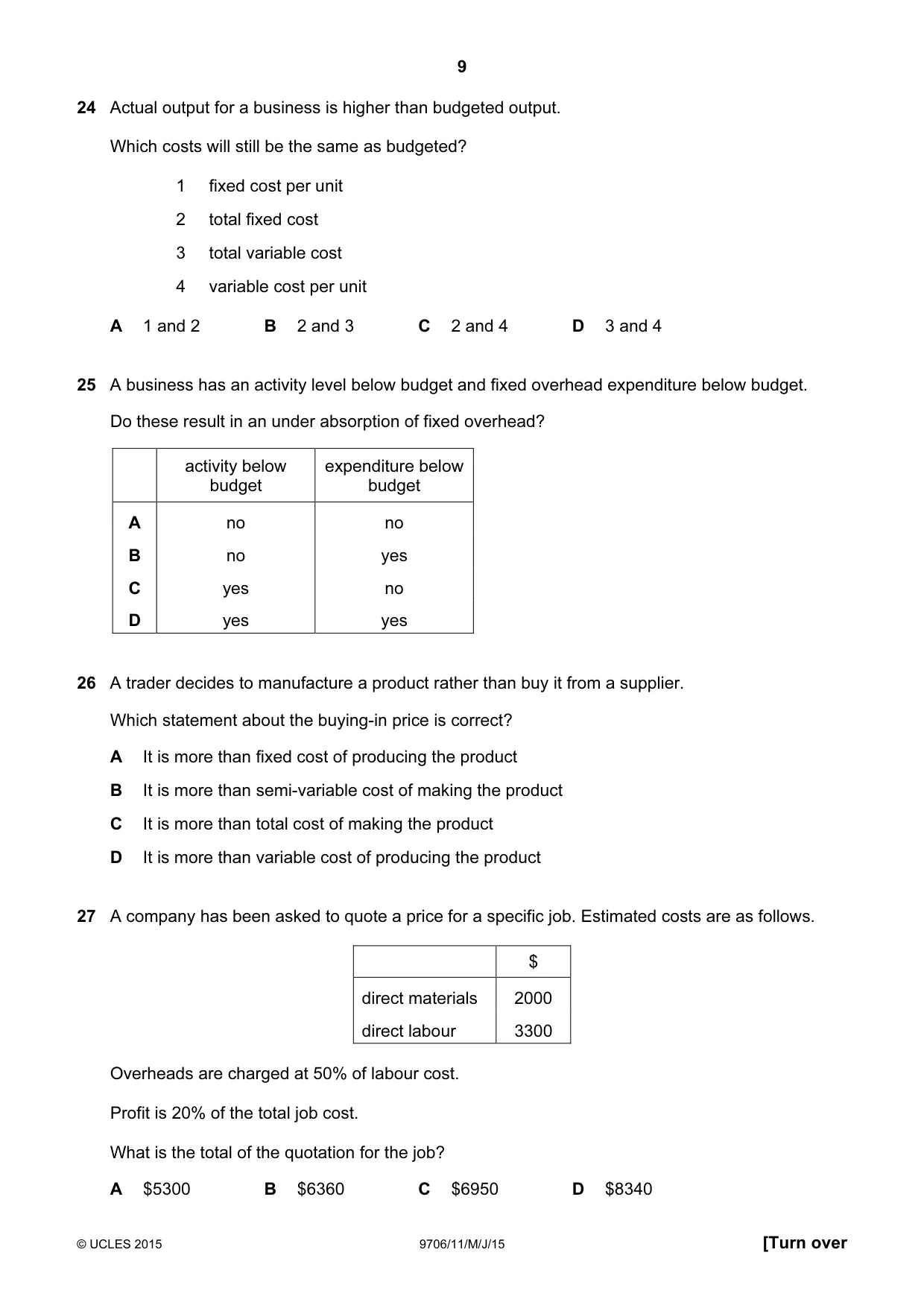 Cambridge A Level Accounting 9706 2015 May/June Paper 1 · Variant 1 question paper, page 9 of 12