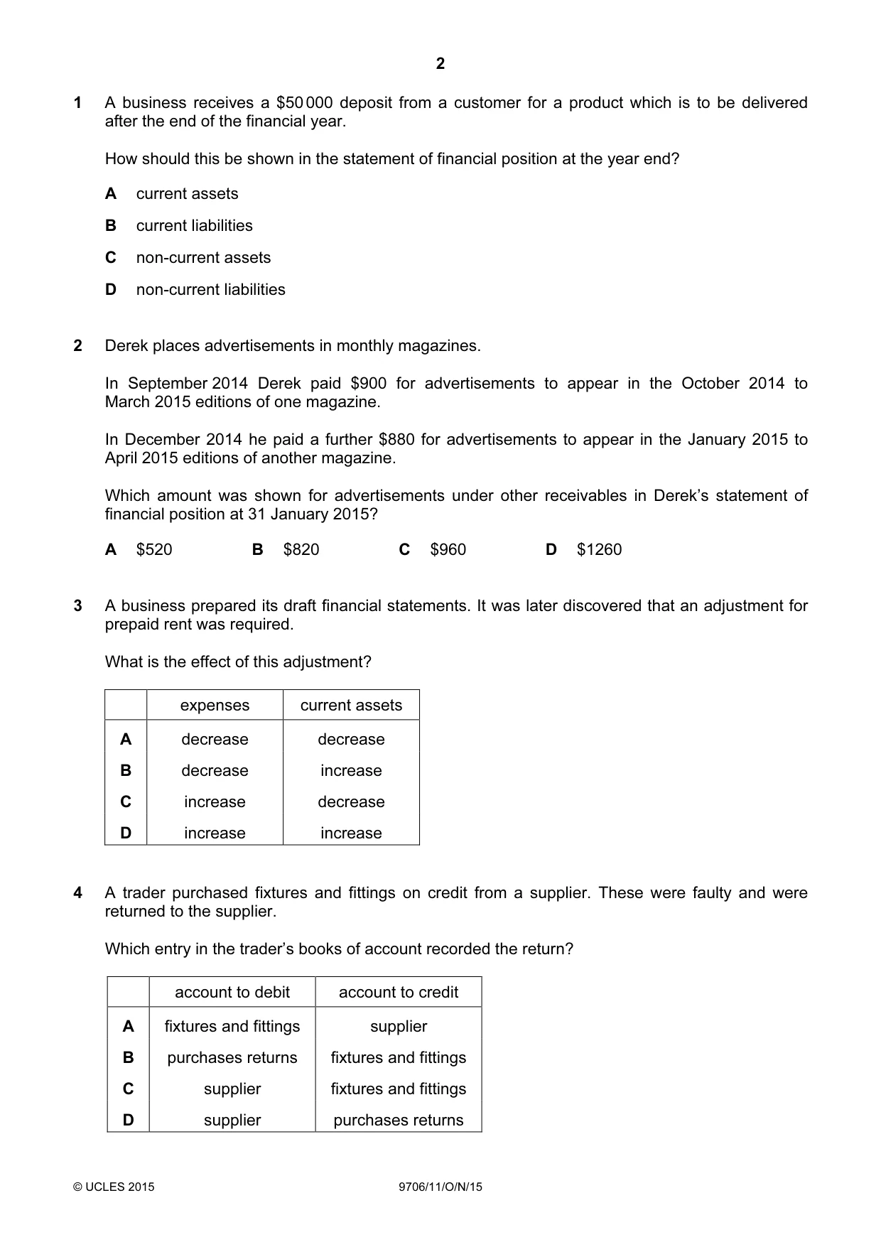 Cambridge A Level Accounting 9706 2015 Oct/Nov Paper 1 · Variant 1 question paper, page 2 of 12