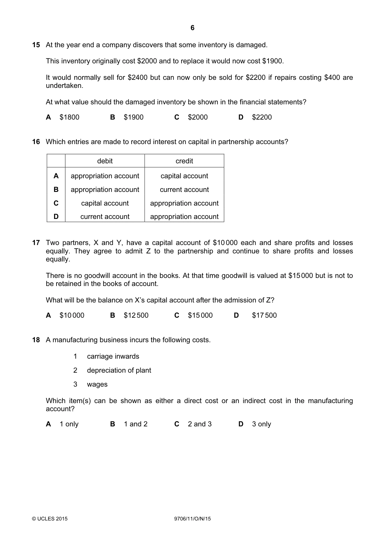 Cambridge A Level Accounting 9706 2015 Oct/Nov Paper 1 · Variant 1 question paper, page 6 of 12