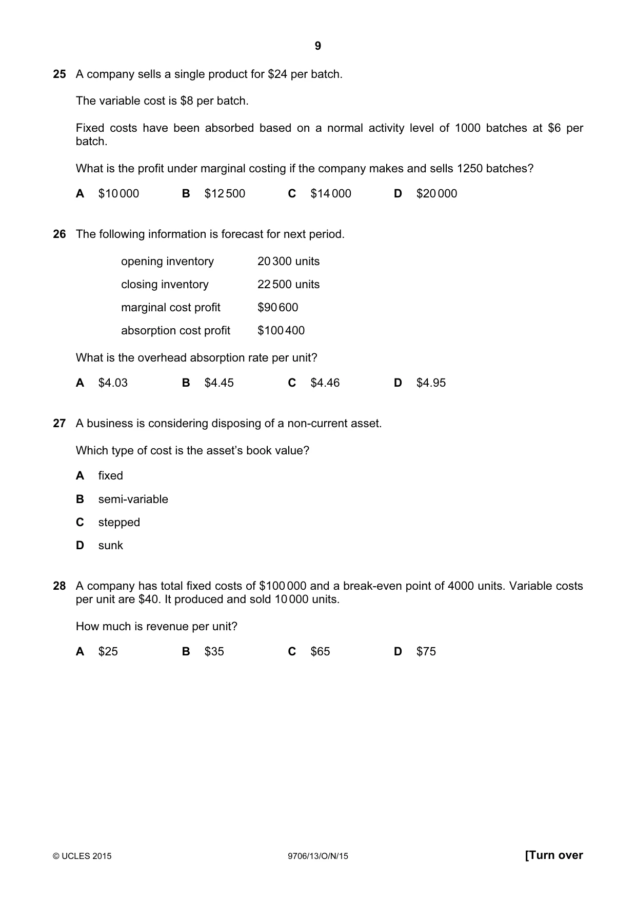 Cambridge A Level Accounting 9706 2015 Oct/Nov Paper 1 · Variant 3 question paper, page 9 of 12