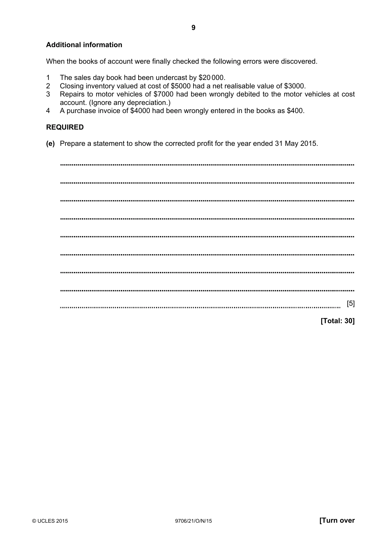 Cambridge A Level Accounting 9706 2015 Oct/Nov Paper 2 · Variant 1 question paper, page 9 of 16