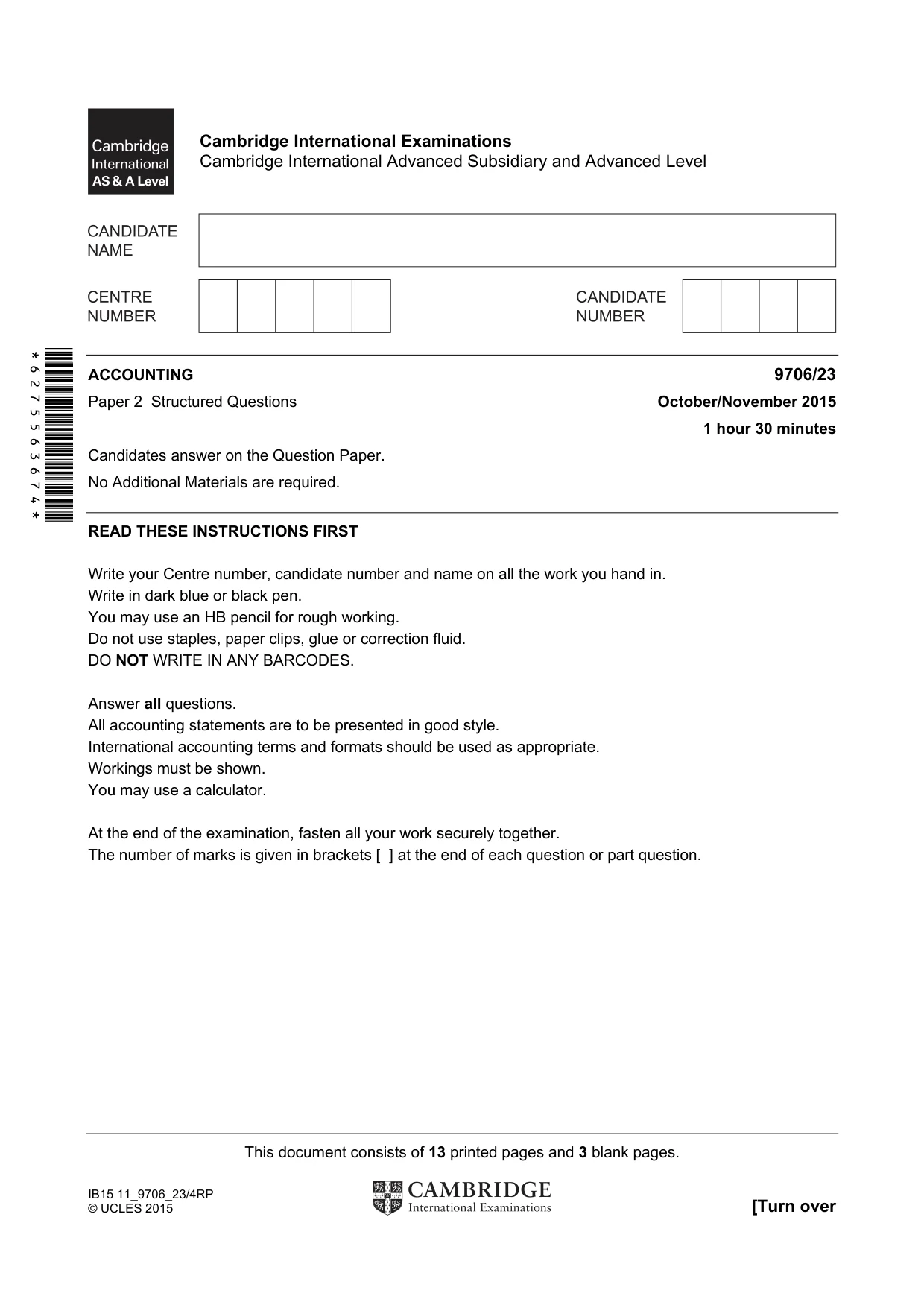 Cambridge A Level Accounting 9706 2015 Oct/Nov Paper 2 · Variant 3 question paper, page 1 of 16