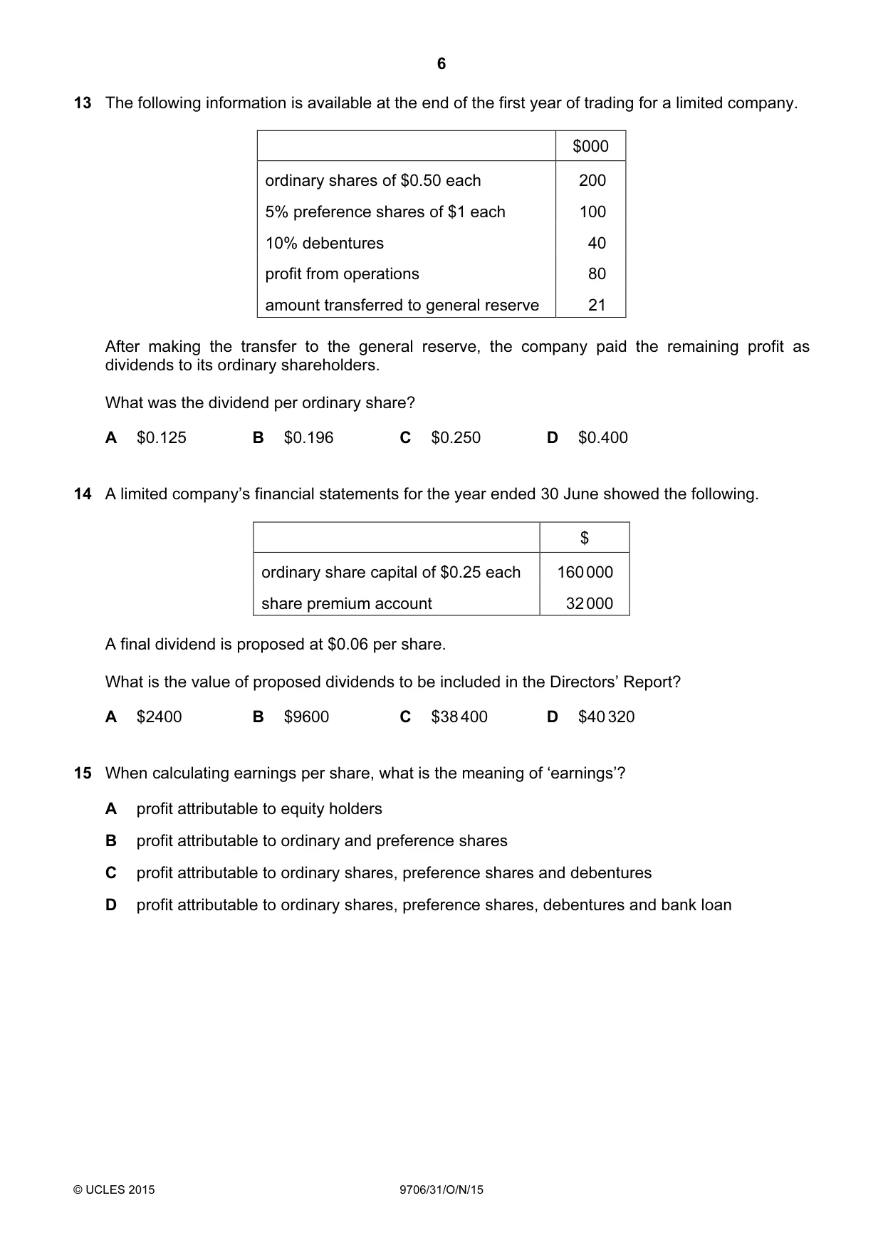 Cambridge A Level Accounting 9706 2015 Oct/Nov Paper 3 · Variant 1 question paper, page 6 of 12