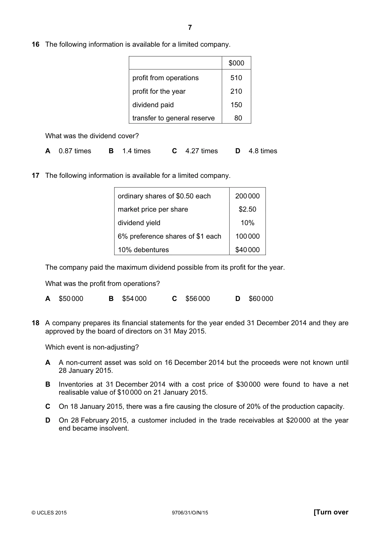 Cambridge A Level Accounting 9706 2015 Oct/Nov Paper 3 · Variant 1 question paper, page 7 of 12