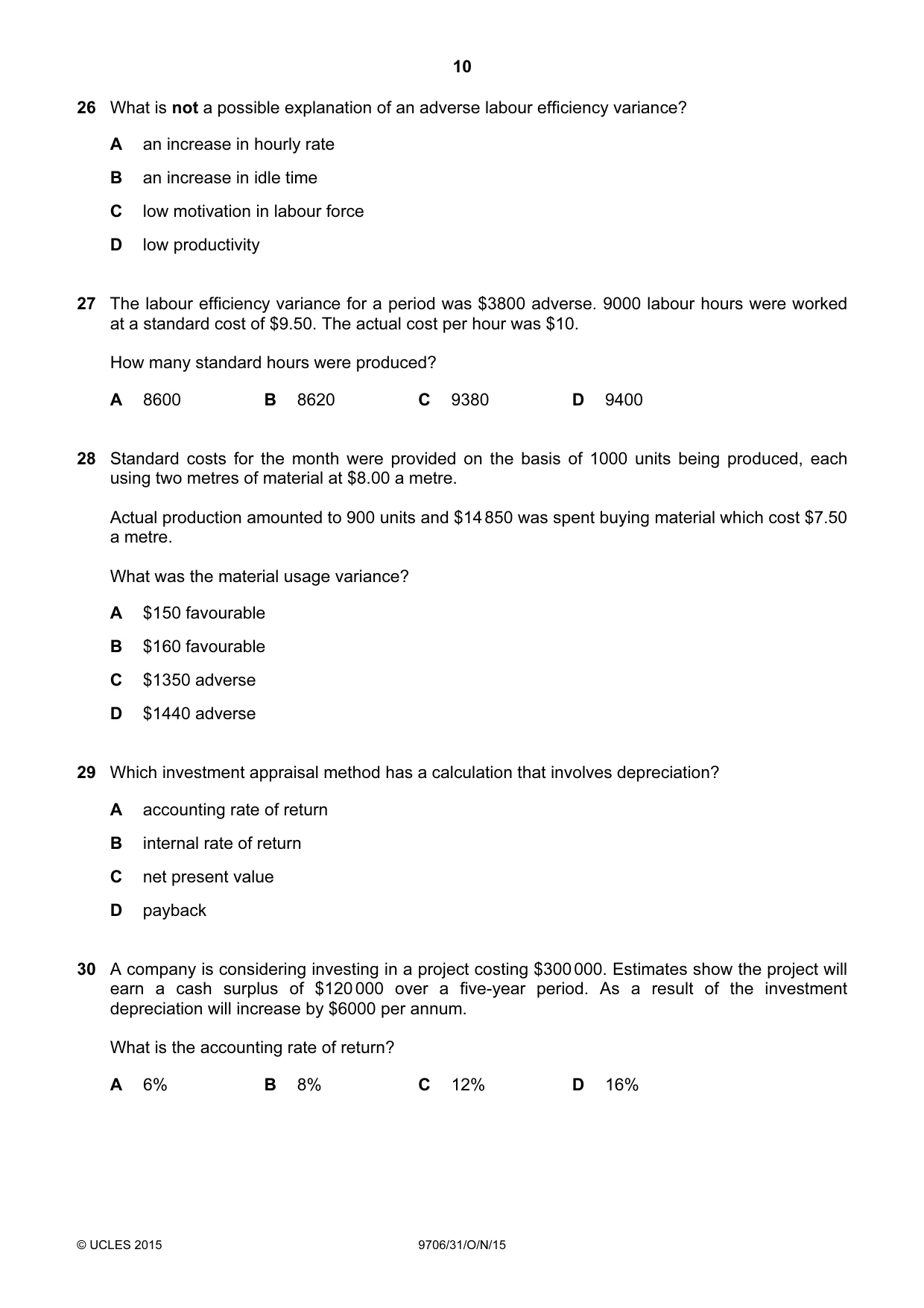 Cambridge A Level Accounting 9706 2015 Oct/Nov Paper 3 · Variant 1 question paper, page 10 of 12