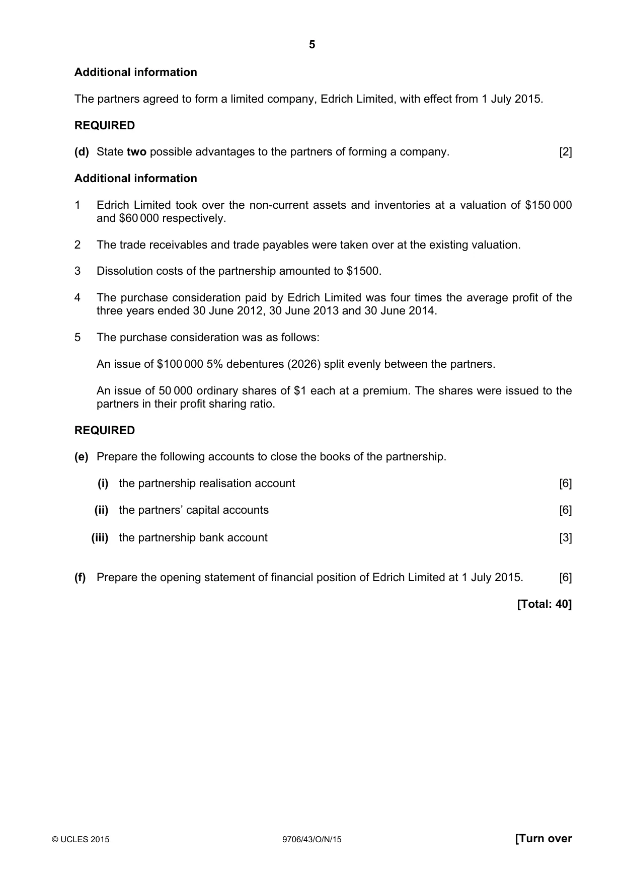Cambridge A Level Accounting 9706 2015 Oct/Nov Paper 4 · Variant 3 question paper, page 5 of 8