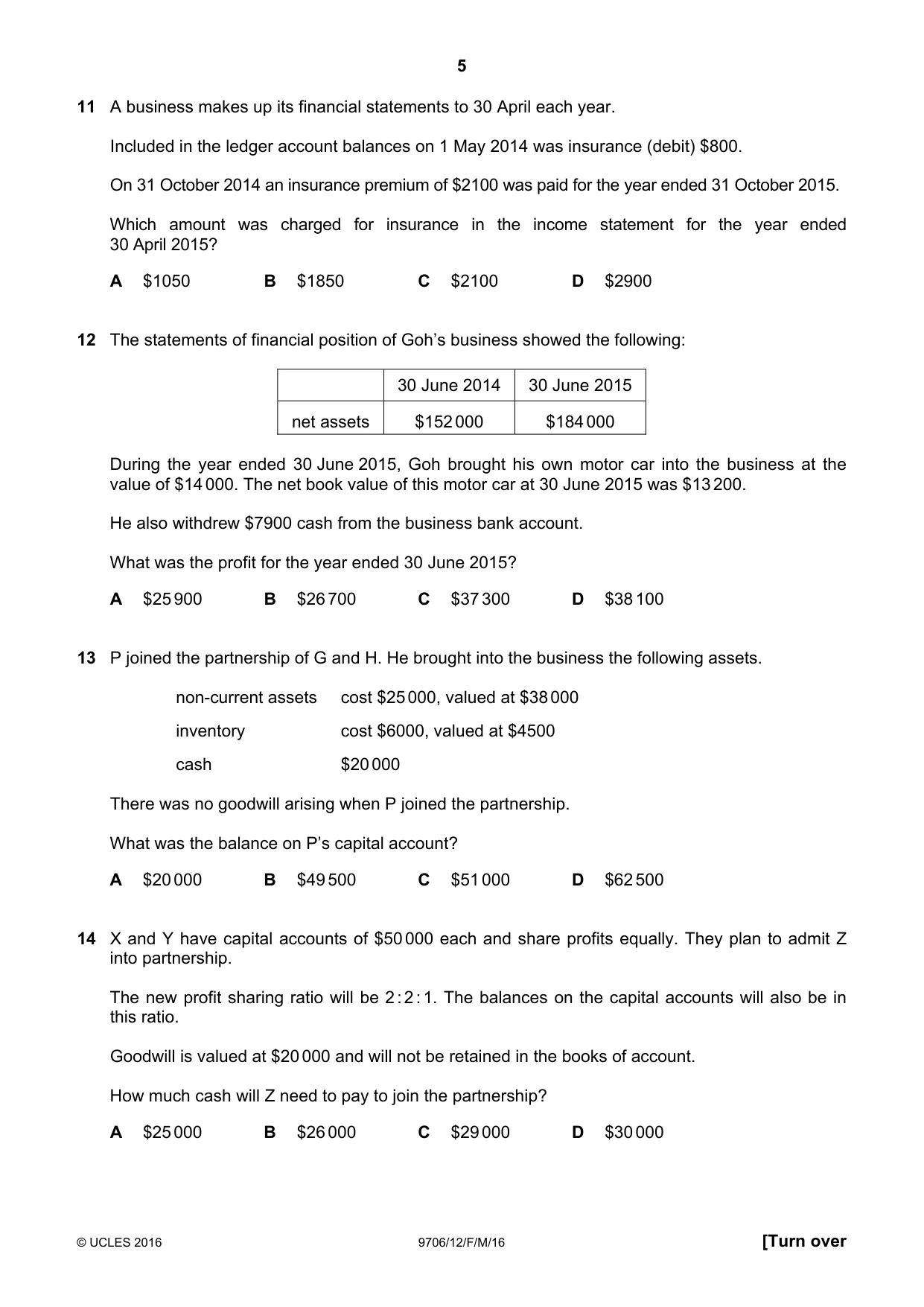 Cambridge A Level Accounting 9706 2016 Feb/March Paper 1 · Variant 2 question paper, page 5 of 12