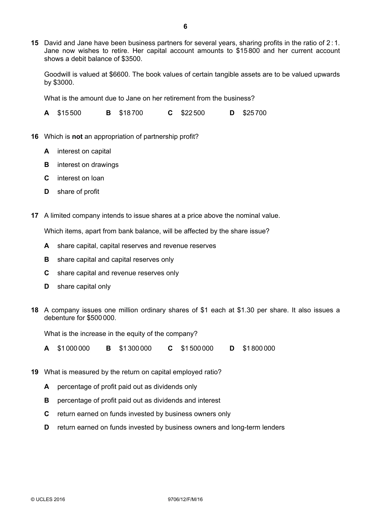 Cambridge A Level Accounting 9706 2016 Feb/March Paper 1 · Variant 2 question paper, page 6 of 12