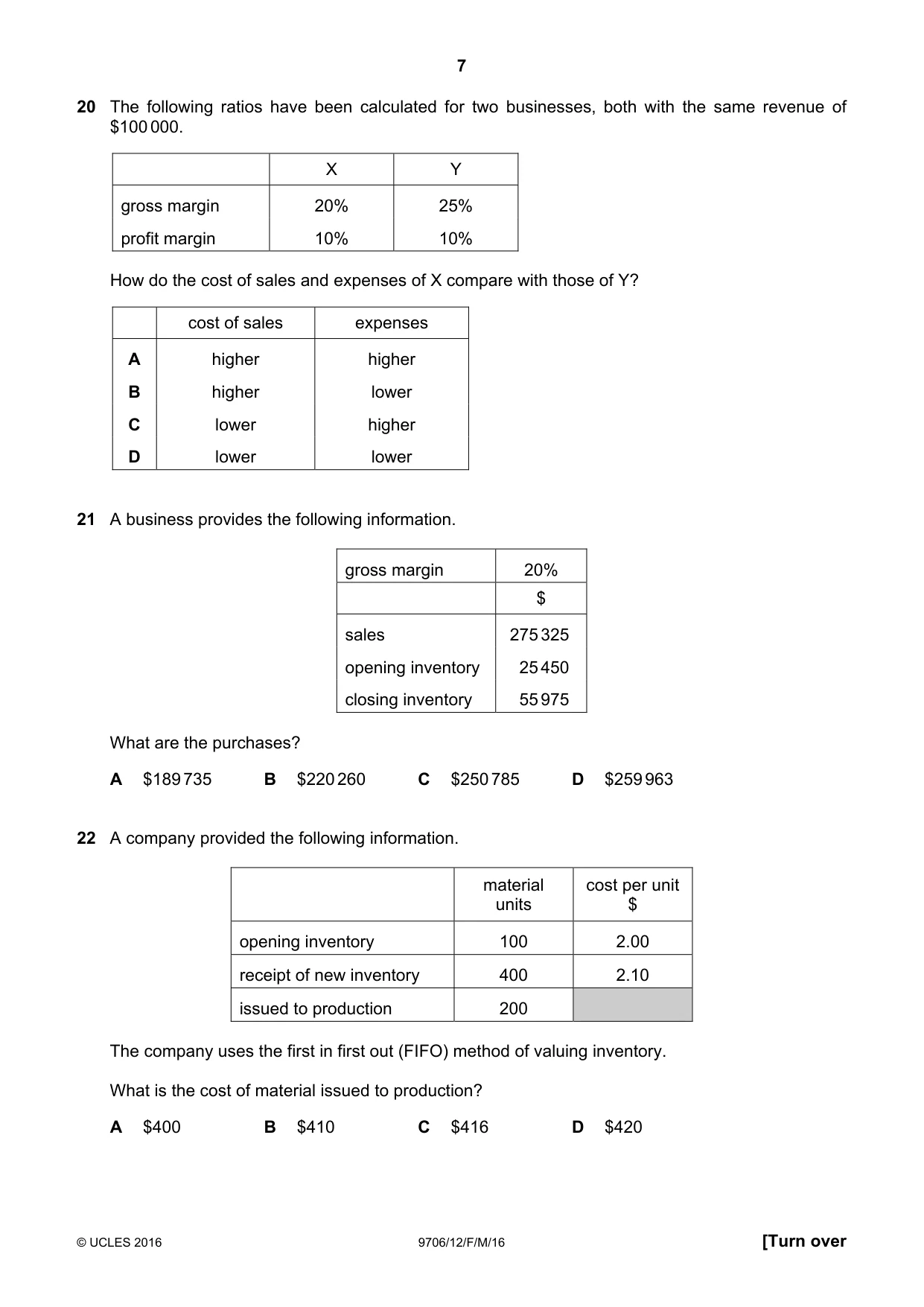 Cambridge A Level Accounting 9706 2016 Feb/March Paper 1 · Variant 2 question paper, page 7 of 12