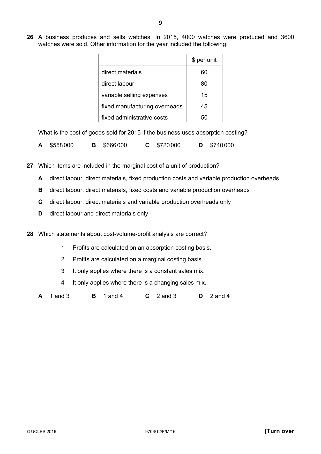 Cambridge A Level Accounting 9706 2016 Feb/March Paper 1 · Variant 2 question paper, page 9 of 12