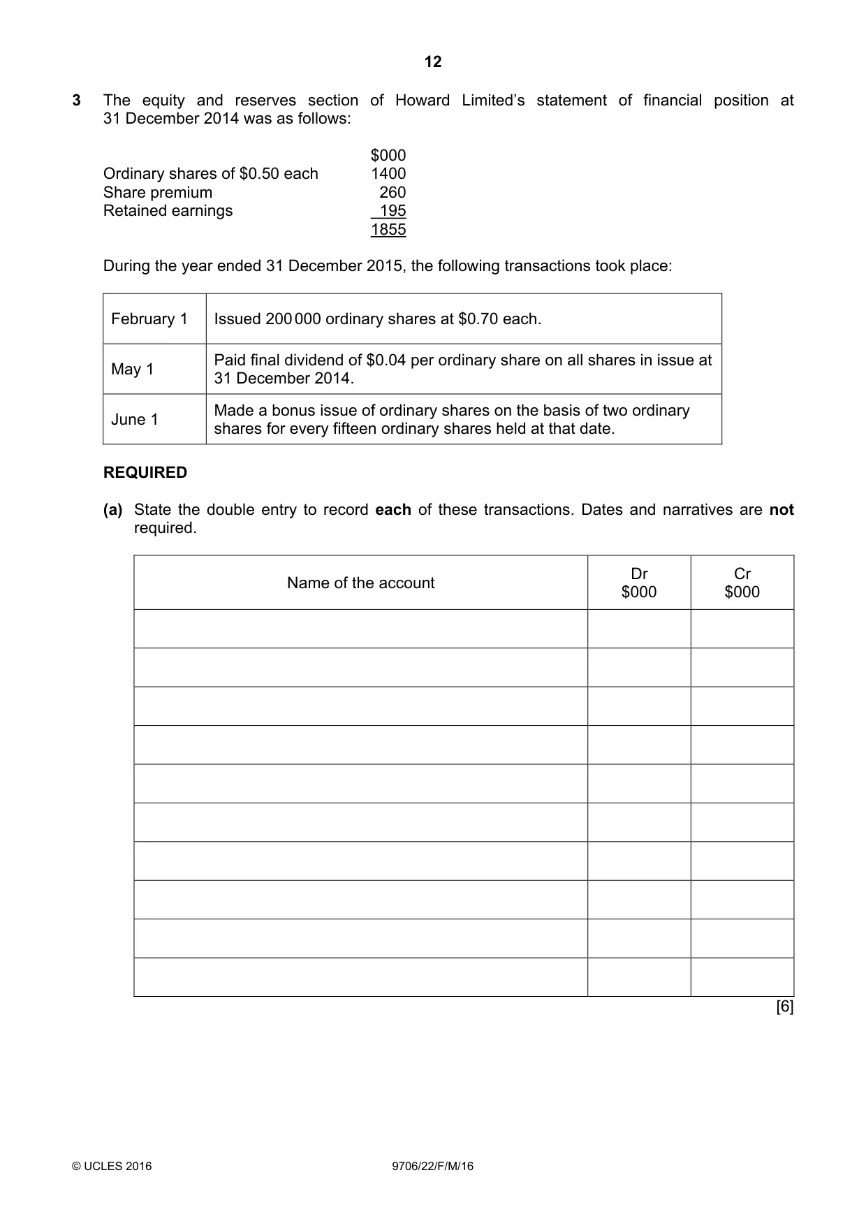 Cambridge A Level Accounting 9706 2016 Feb/March Paper 2 · Variant 2 question paper, page 12 of 20