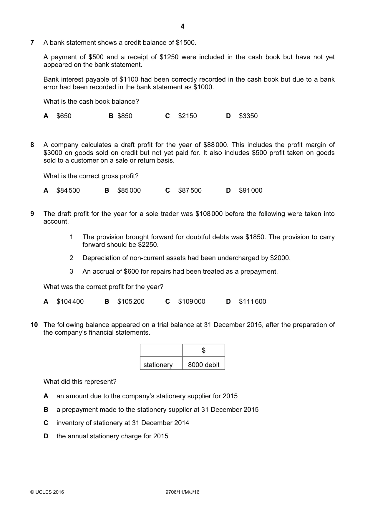 Cambridge A Level Accounting 9706 2016 May/June Paper 1 · Variant 1 question paper, page 4 of 12