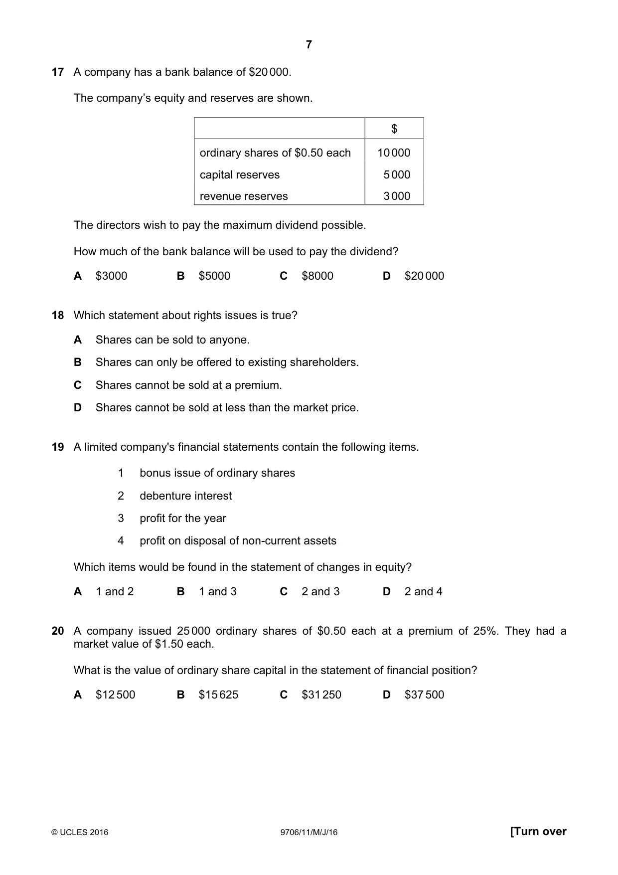 Cambridge A Level Accounting 9706 2016 May/June Paper 1 · Variant 1 question paper, page 7 of 12