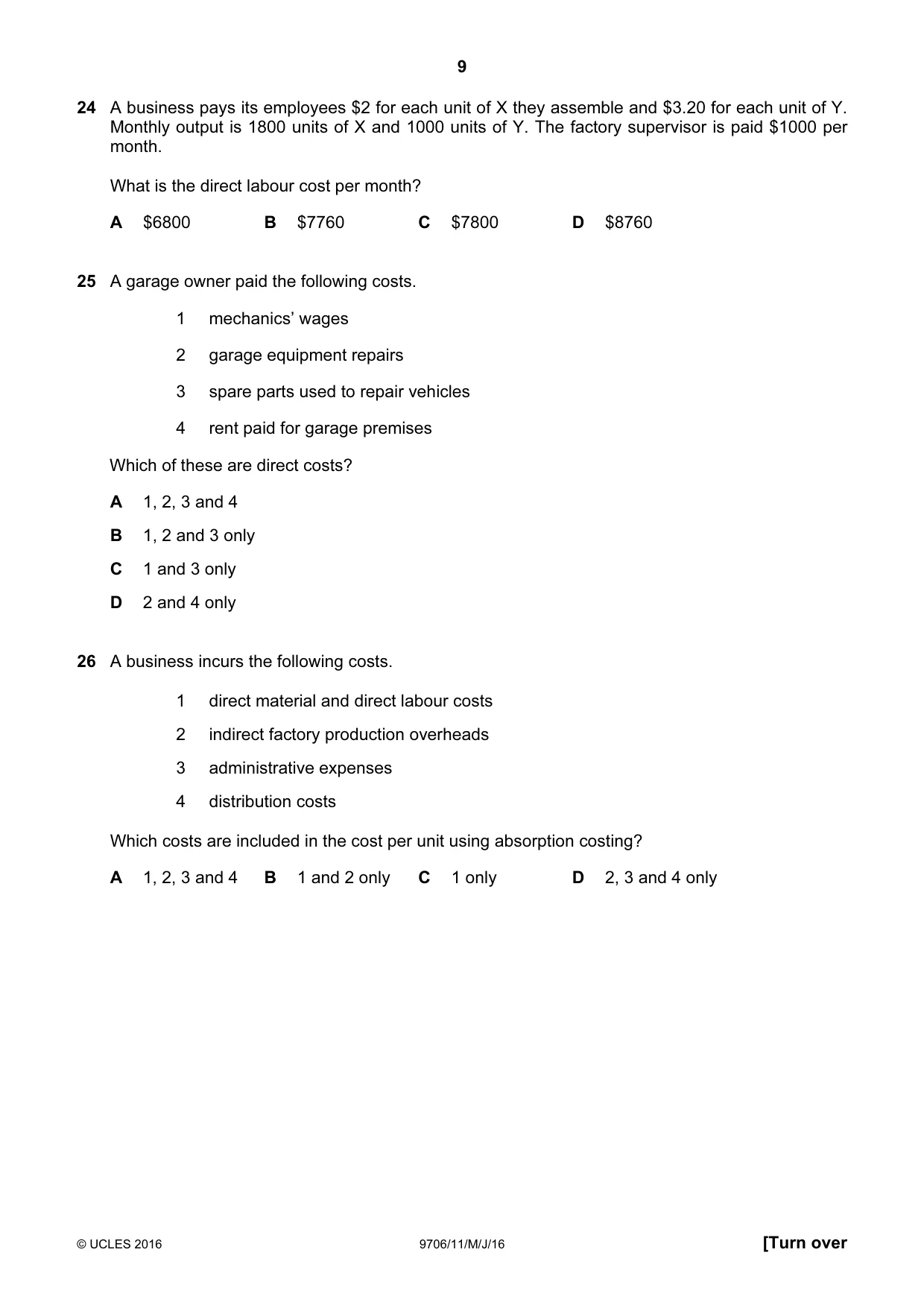Cambridge A Level Accounting 9706 2016 May/June Paper 1 · Variant 1 question paper, page 9 of 12