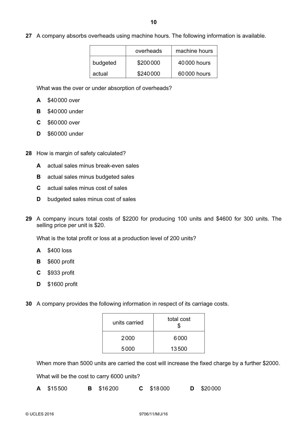 Cambridge A Level Accounting 9706 2016 May/June Paper 1 · Variant 1 question paper, page 10 of 12