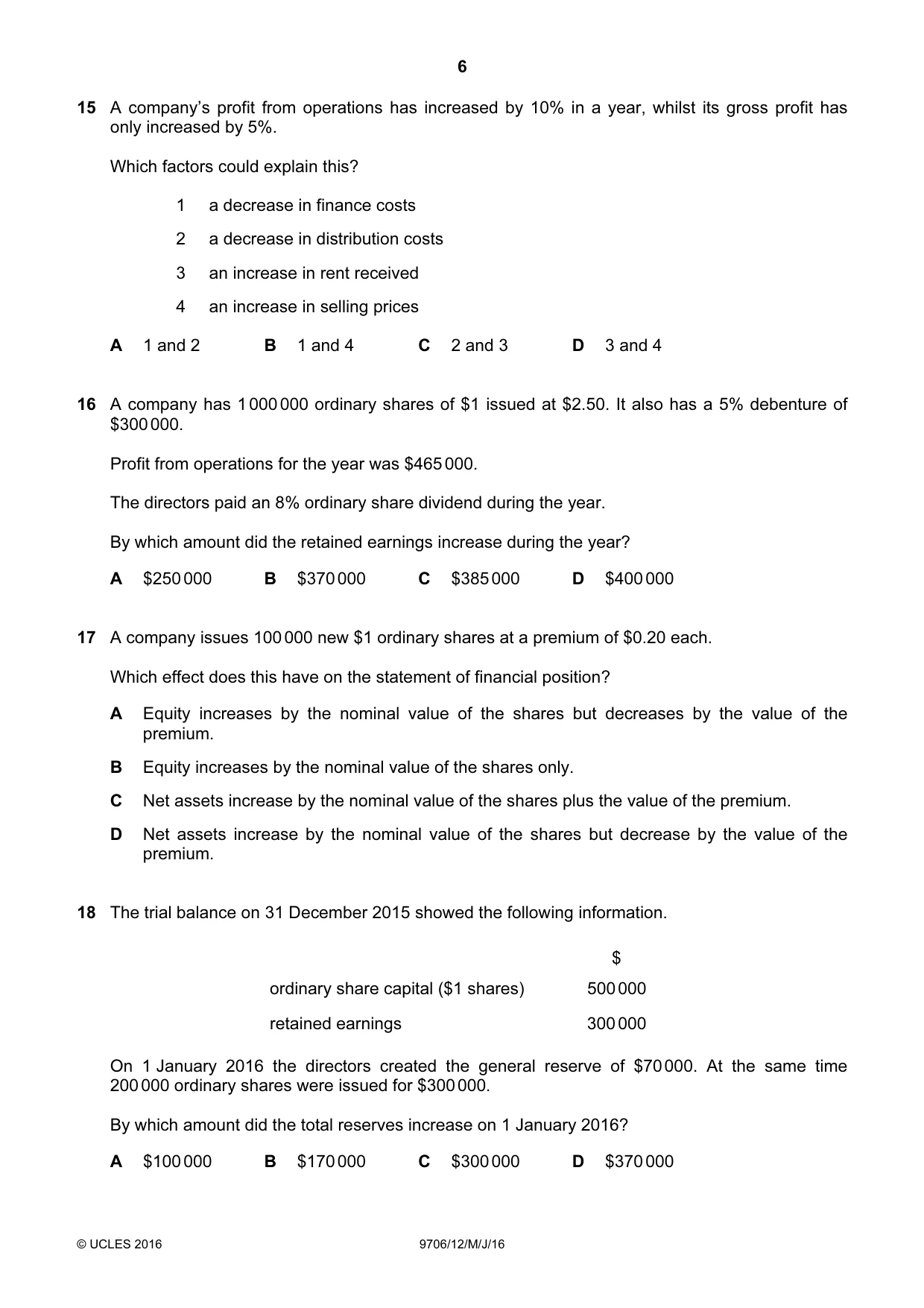 Cambridge A Level Accounting 9706 2016 May/June Paper 1 · Variant 2 question paper, page 6 of 12