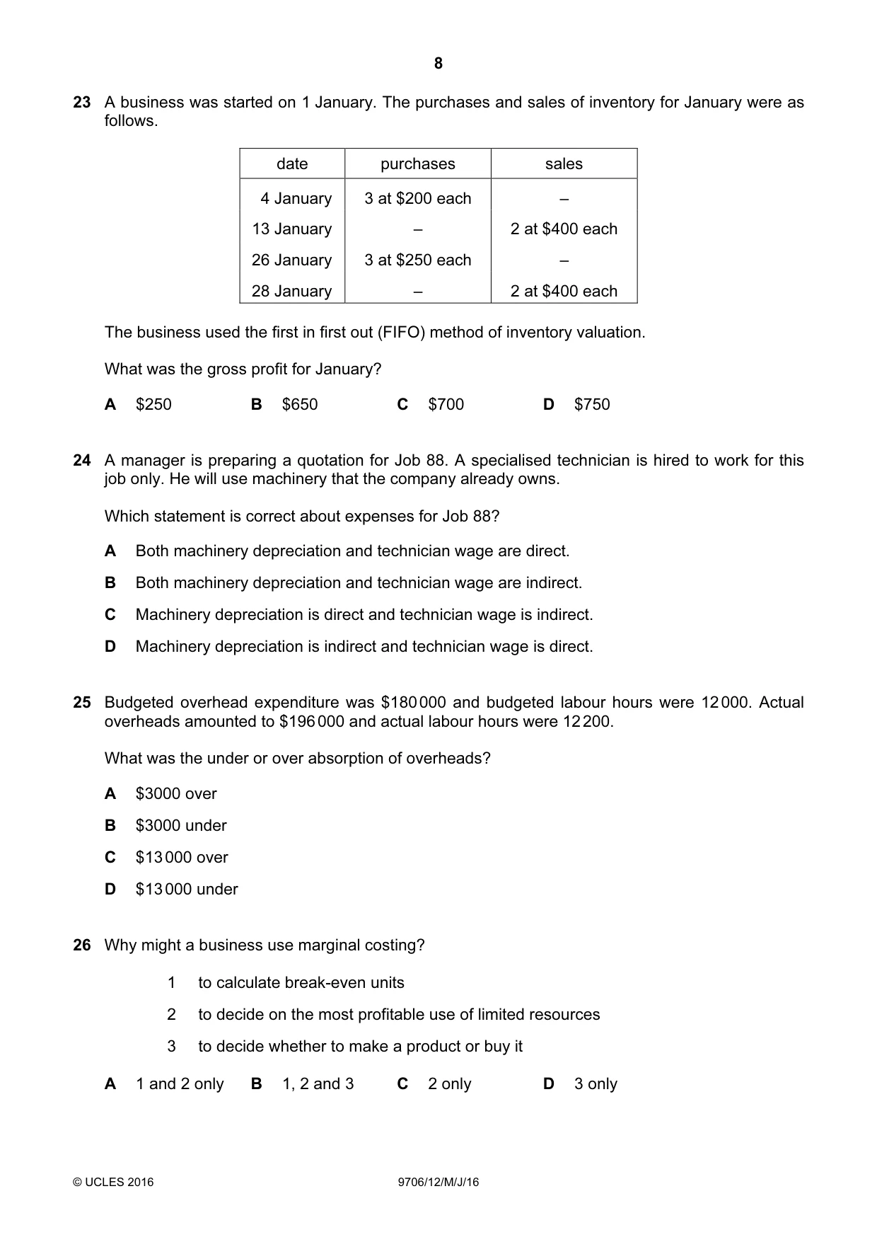 Cambridge A Level Accounting 9706 2016 May/June Paper 1 · Variant 2 question paper, page 8 of 12