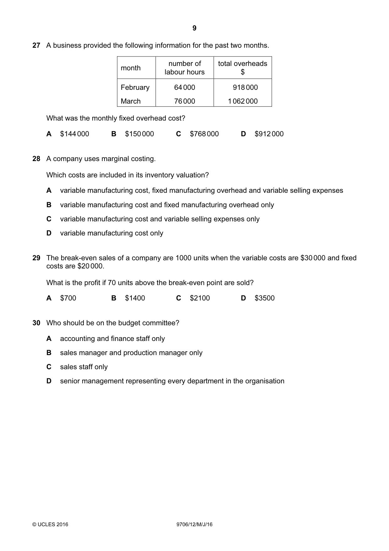 Cambridge A Level Accounting 9706 2016 May/June Paper 1 · Variant 2 question paper, page 9 of 12