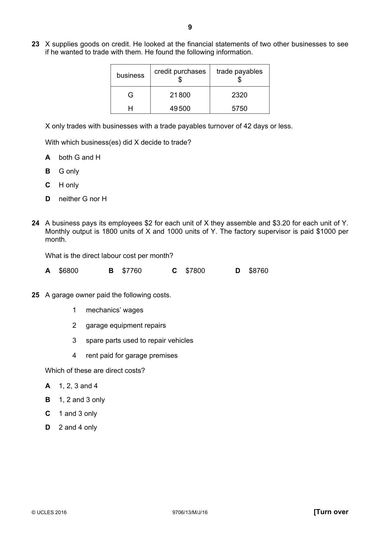 Cambridge A Level Accounting 9706 2016 May/June Paper 1 · Variant 3 question paper, page 9 of 12