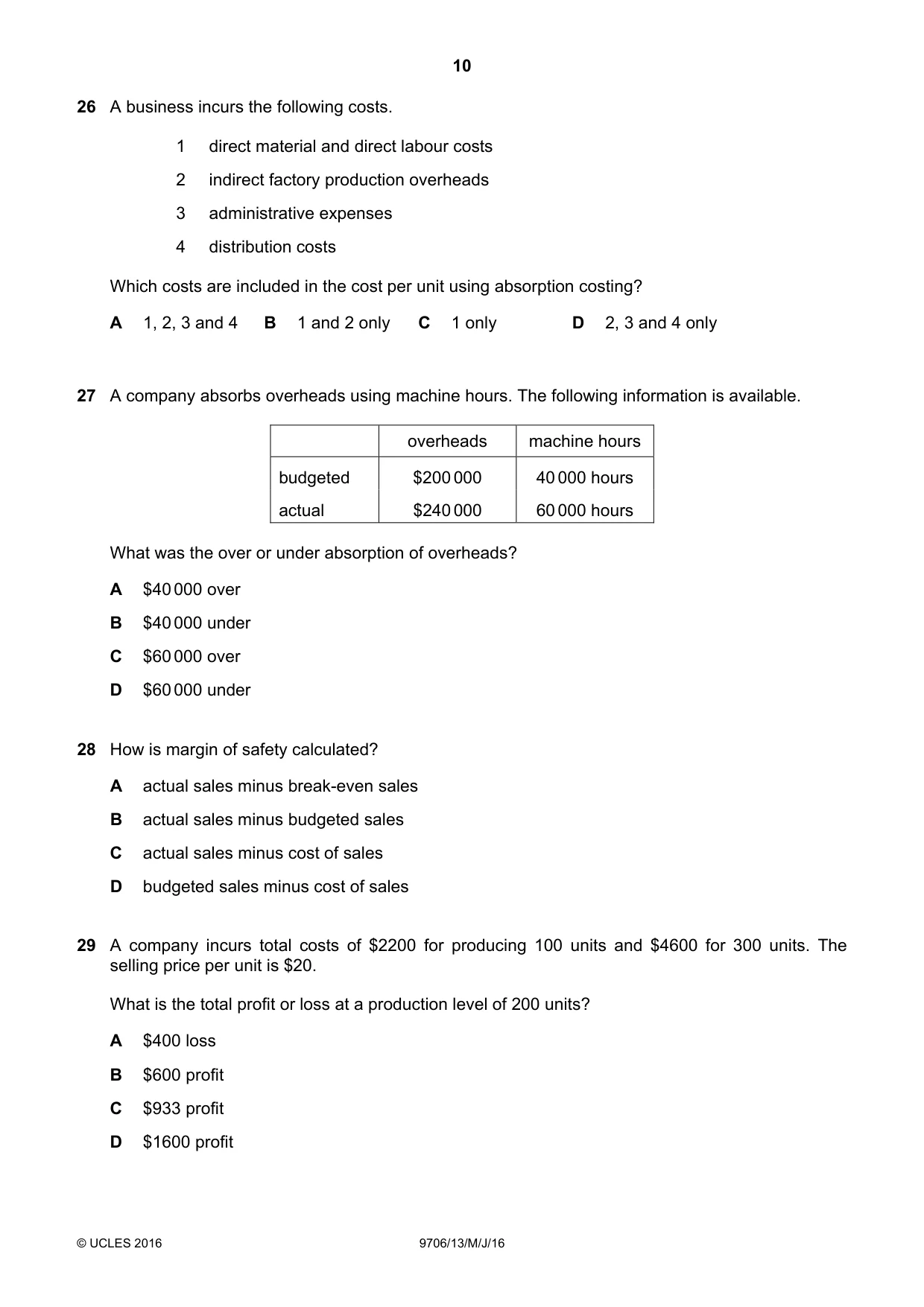 Cambridge A Level Accounting 9706 2016 May/June Paper 1 · Variant 3 question paper, page 10 of 12
