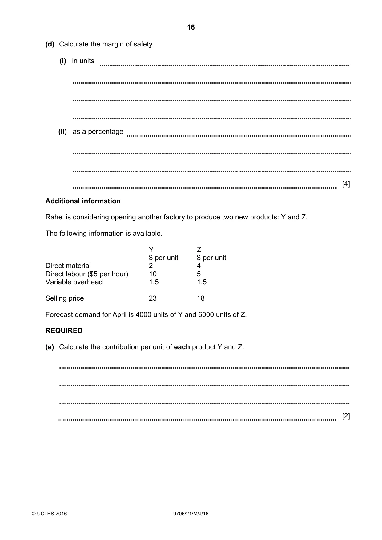 Cambridge A Level Accounting 9706 2016 May/June Paper 2 · Variant 1 question paper, page 16 of 20