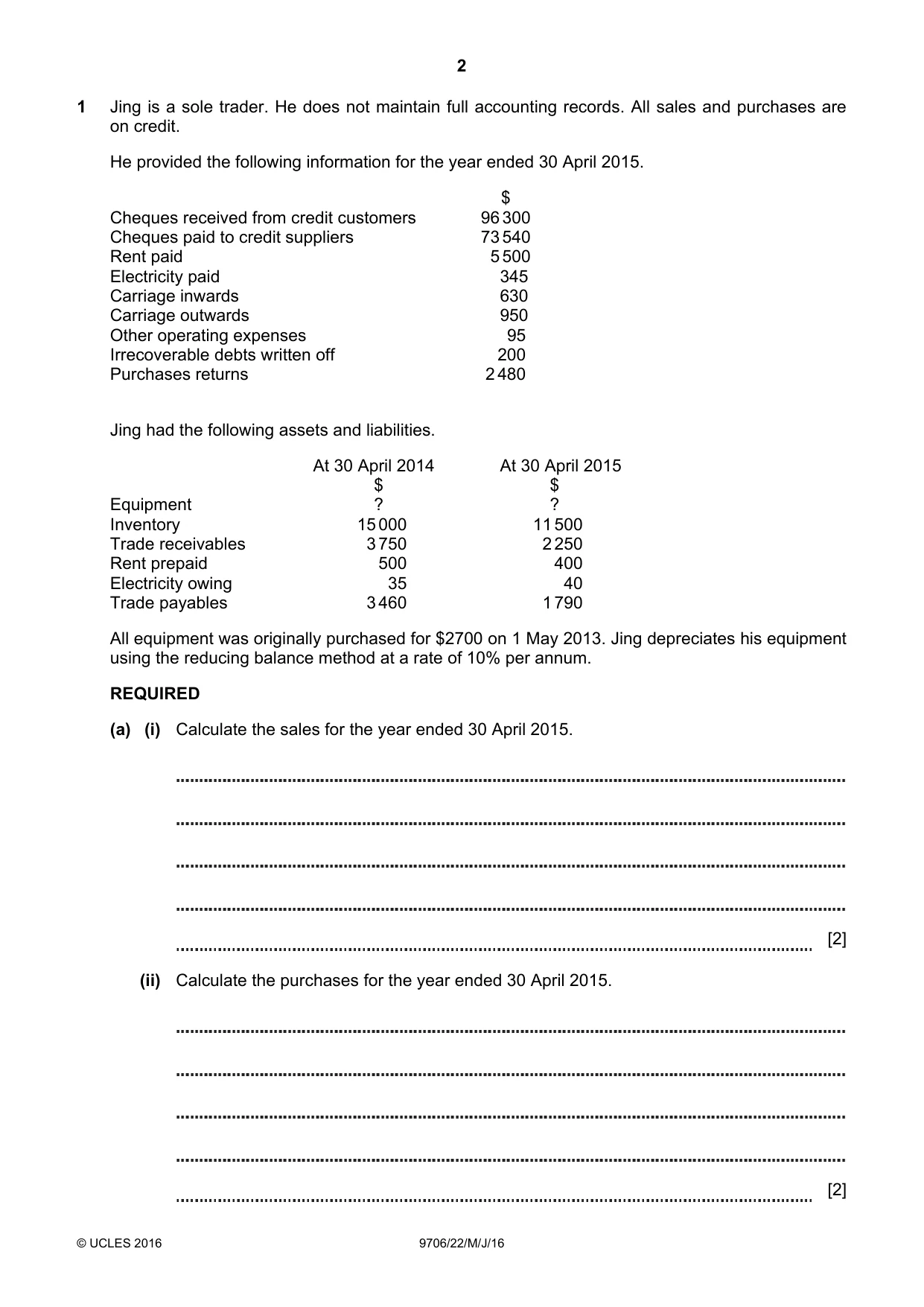 Cambridge A Level Accounting 9706 2016 May/June Paper 2 · Variant 2 question paper, page 2 of 16