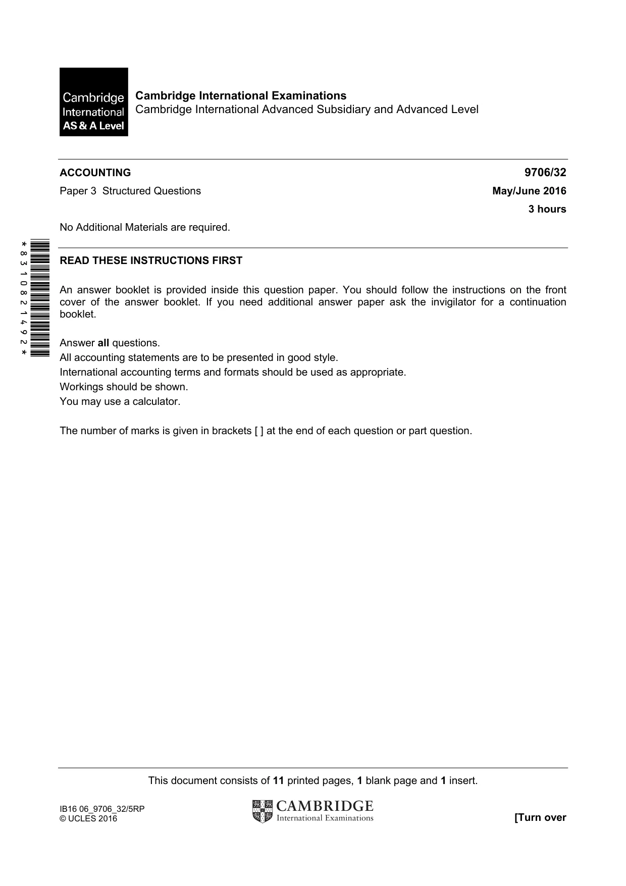 Cambridge A Level Accounting 9706 2016 May/June Paper 3 · Variant 2 question paper, page 1 of 12