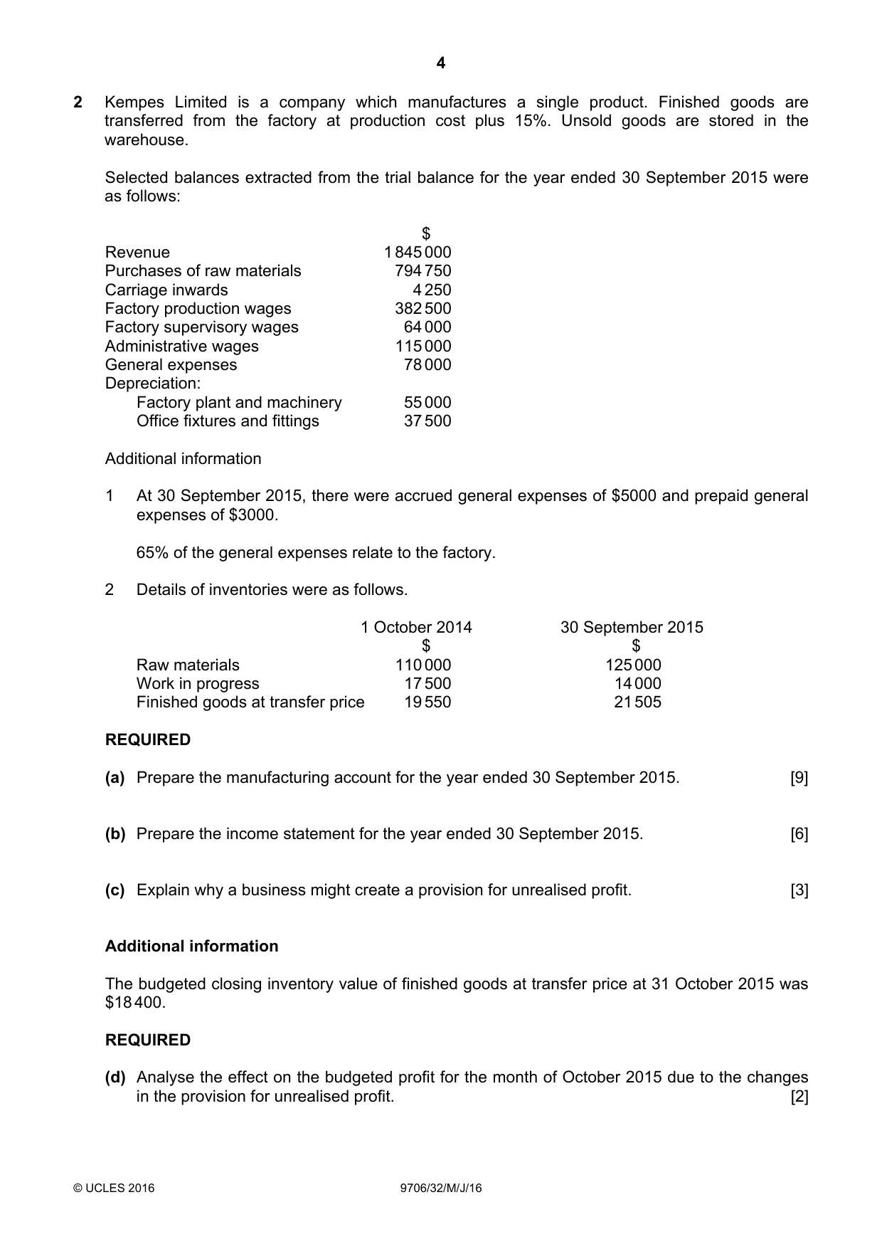 Cambridge A Level Accounting 9706 2016 May/June Paper 3 · Variant 2 question paper, page 4 of 12