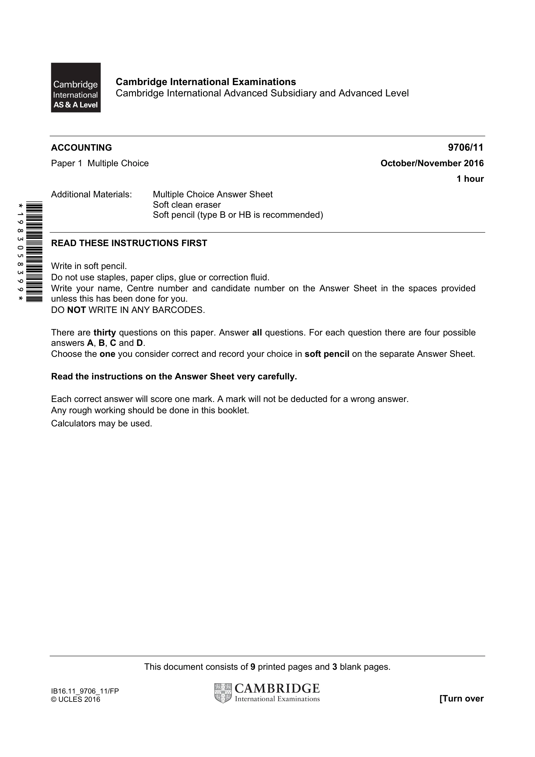 Cambridge A Level Accounting 9706 2016 Oct/Nov Paper 1 · Variant 1 question paper, page 1 of 12
